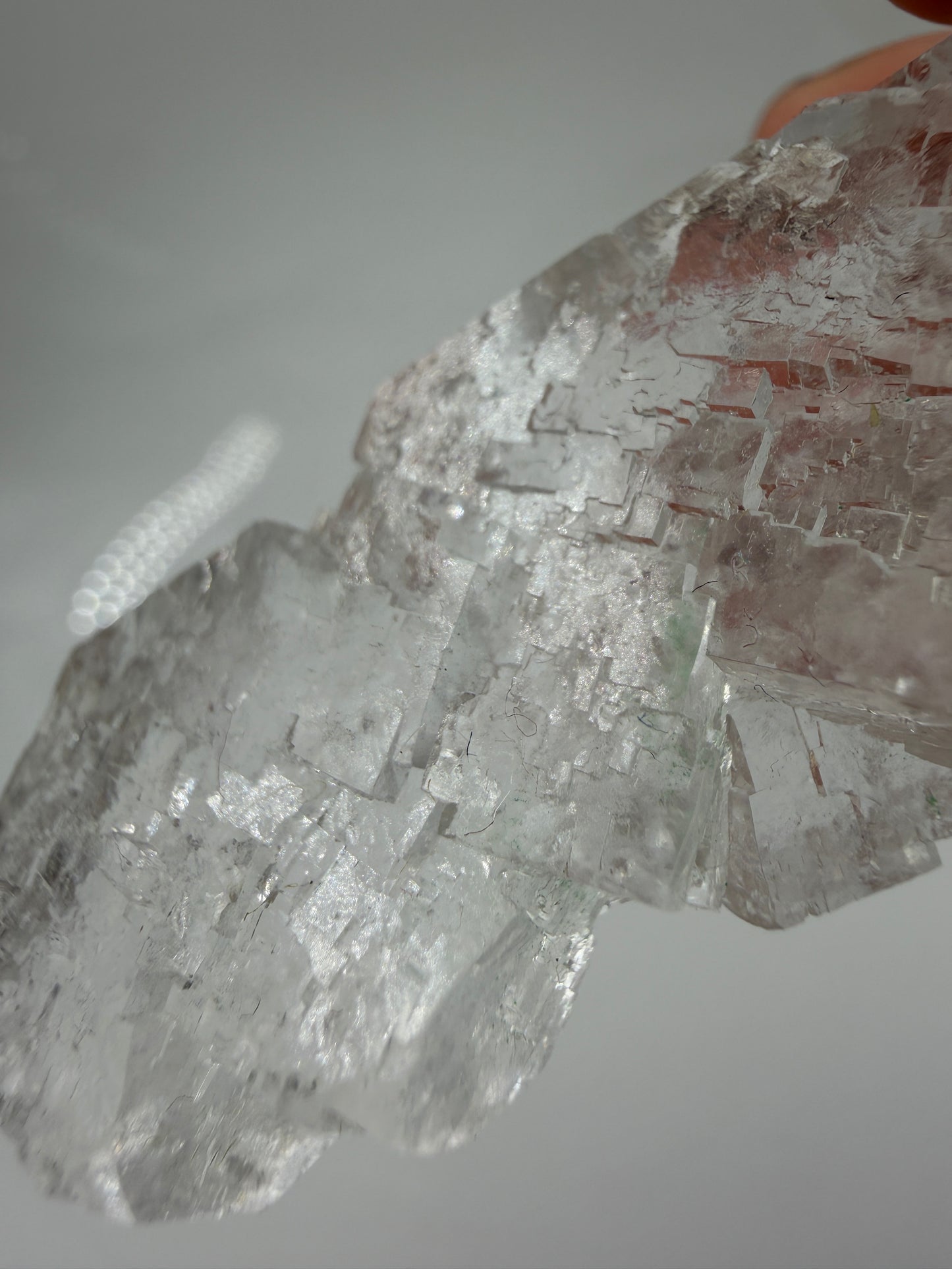 Ein glasklarer, kubischer Halit-Kristall aus der Rudna Mine mit scharfkantigen Facetten und hoher Lichtbrechung.