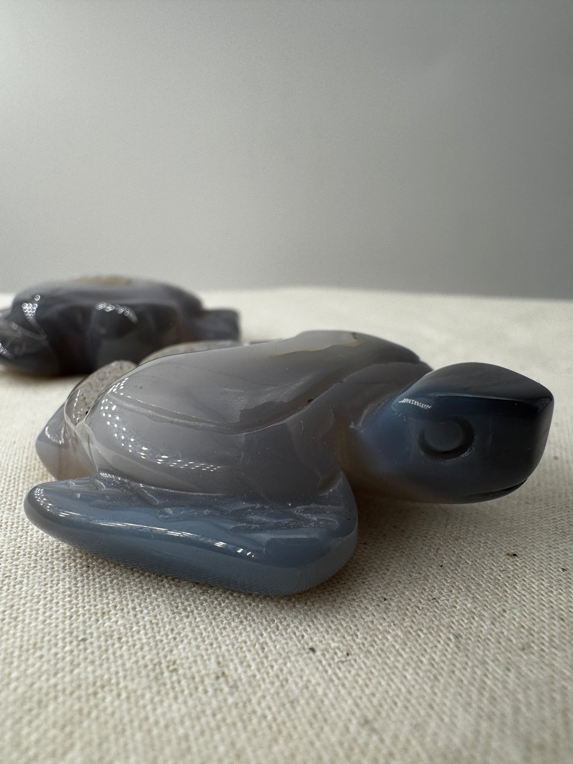 Handgeschliffene Schildkröte aus Achat mit charakteristischer Bänderung.