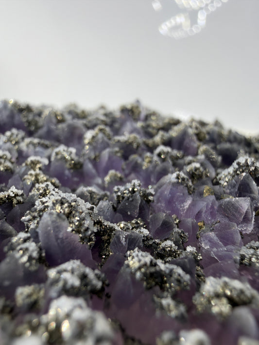 Amethyst mit Pyrit, tief-violette Kristallspitzen mit metallisch schimmerndem Pyrit und Quarz, aus der Davidkovo Mine in Bulgarien.