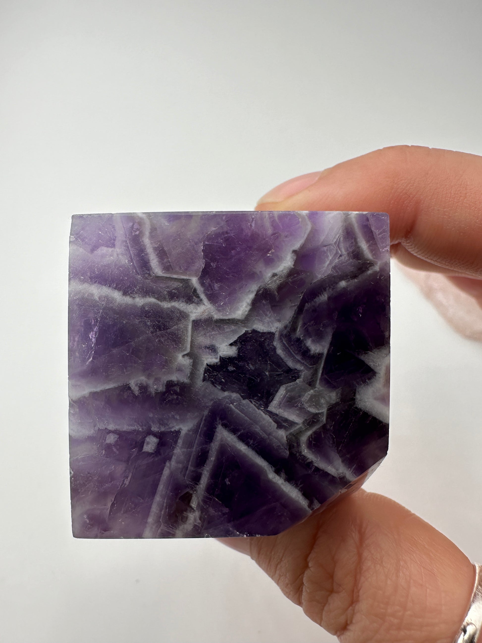 Amethyst mit Quarz Würfel AW27, ca. 3,6 cm, violetter Amethyst mit klarem Quarz – B-Ware mit kleiner Macke an einer Kante
