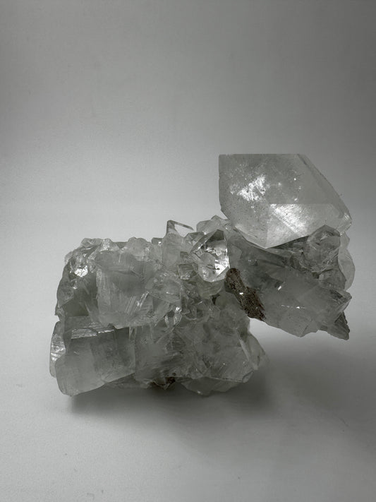 Apophyllit AR25 aus Indien, dichte Gruppe tetragonaler Prismen mit Perlmuttglanz.