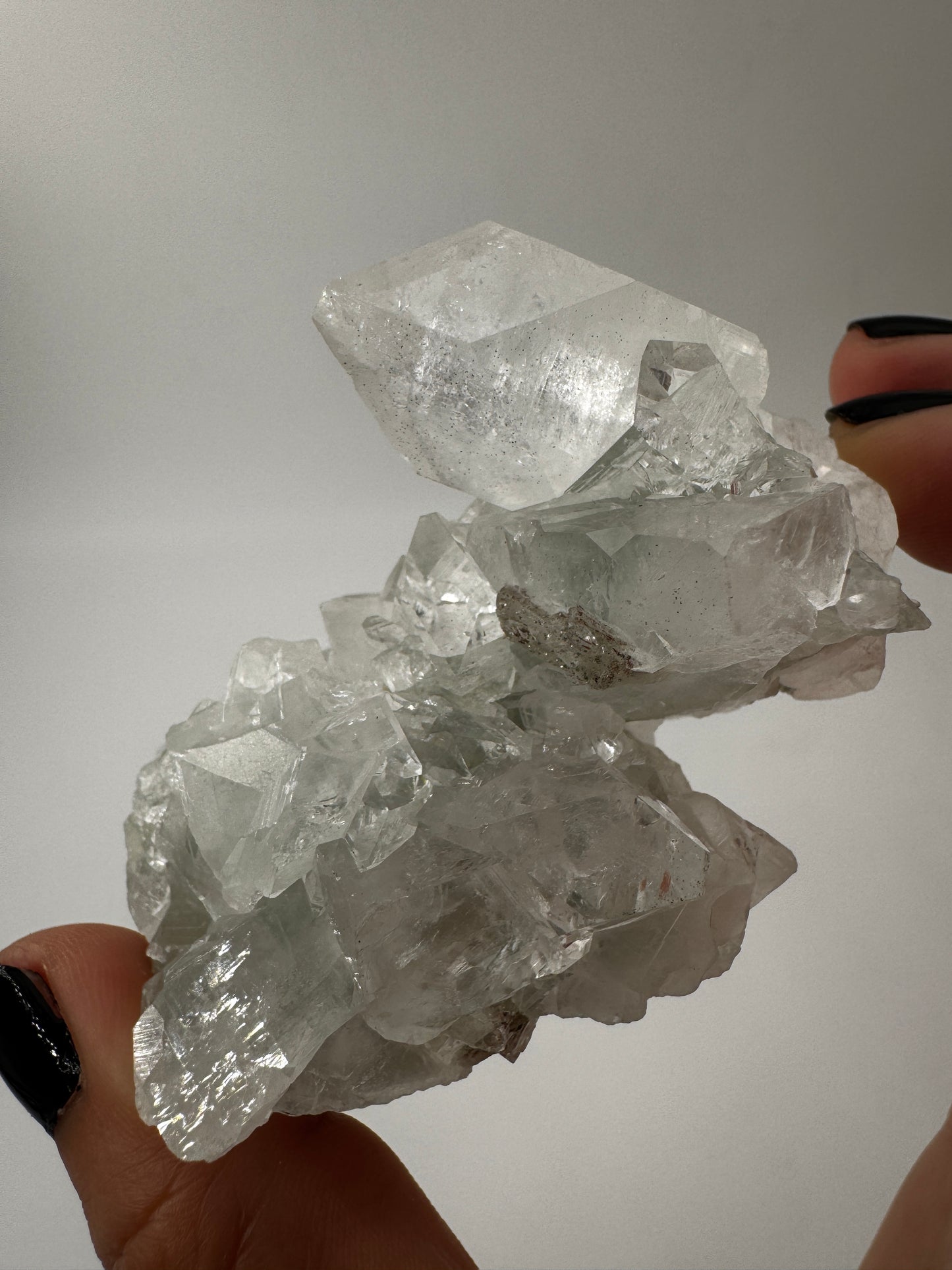 Apophyllit AR25 aus Indien, dichte Gruppe tetragonaler Prismen mit Perlmuttglanz.