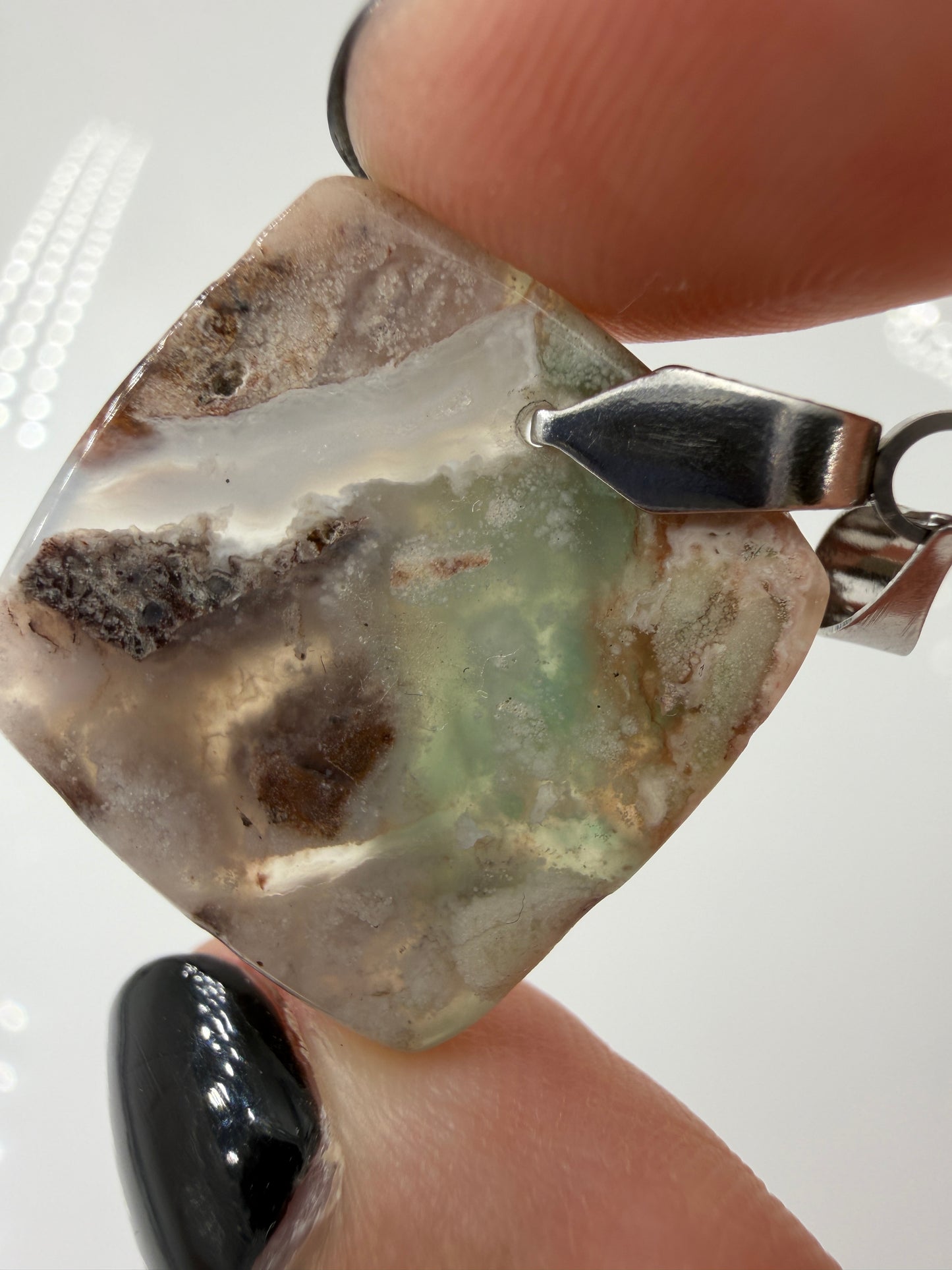 Aquaprase Cabochon-Anhänger AP11 mit Edelstahl-Clip – zartes Blaugrün, ca. 2,1 × 2 cm, Rückseite