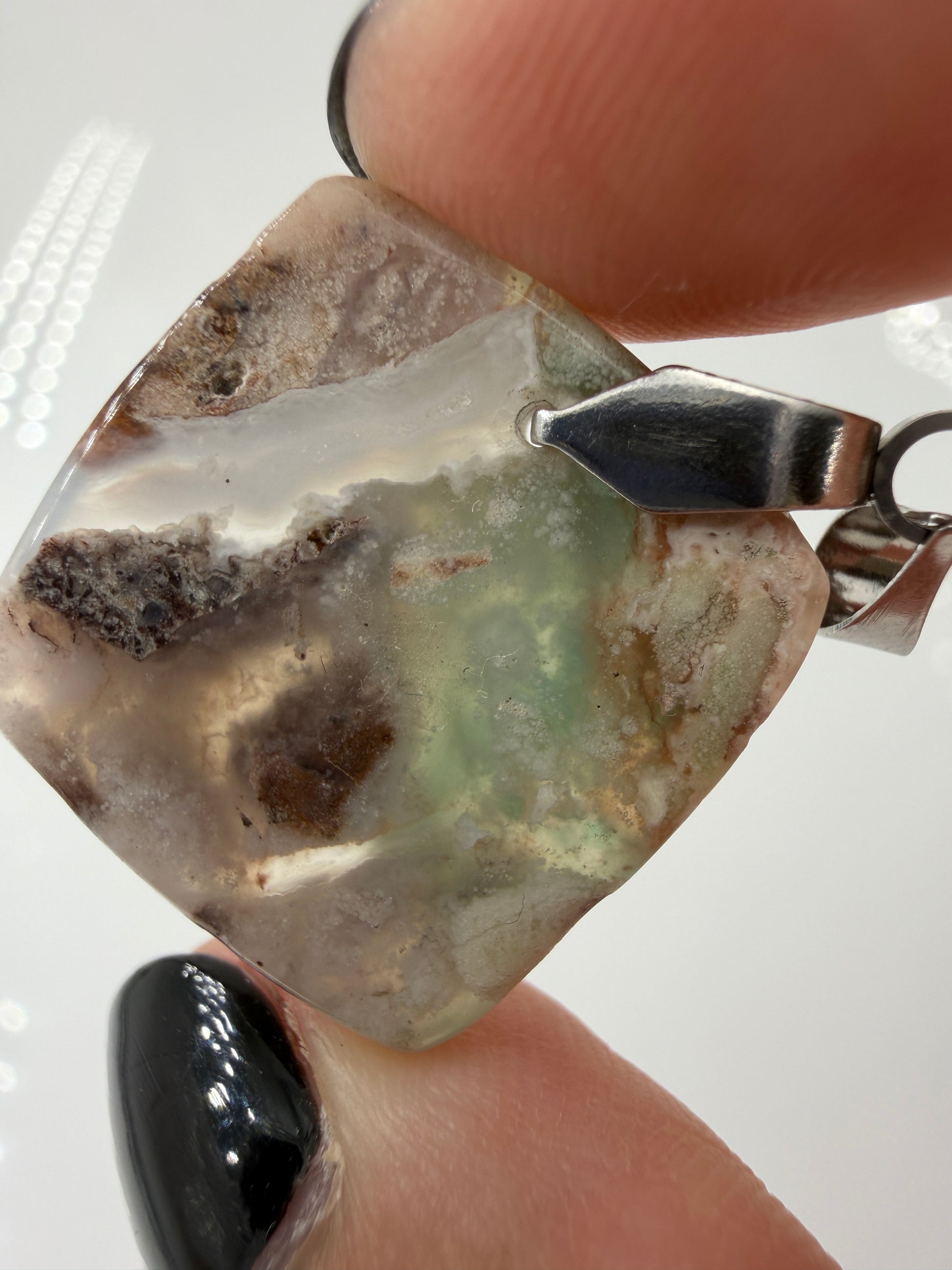 Aquaprase Cabochon-Anhänger AP11 mit Edelstahl-Clip – zartes Blaugrün, ca. 2,1 × 2 cm, Rückseite
