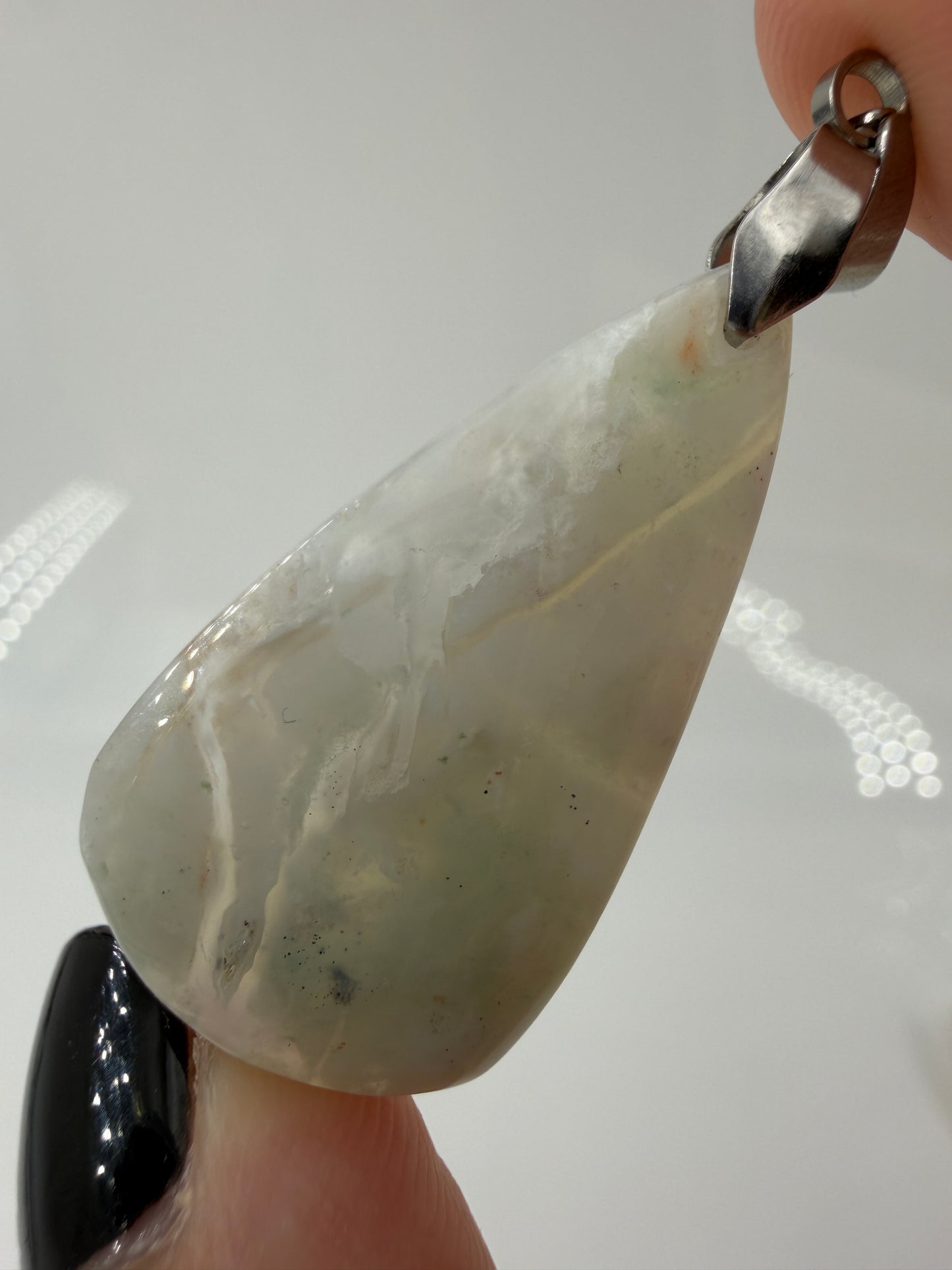 Aquaprase Cabochon-Anhänger AP13 mit Edelstahl-Clip – zartes Blaugrün, großzügige Form, ca. 3,6 × 1,9 cm