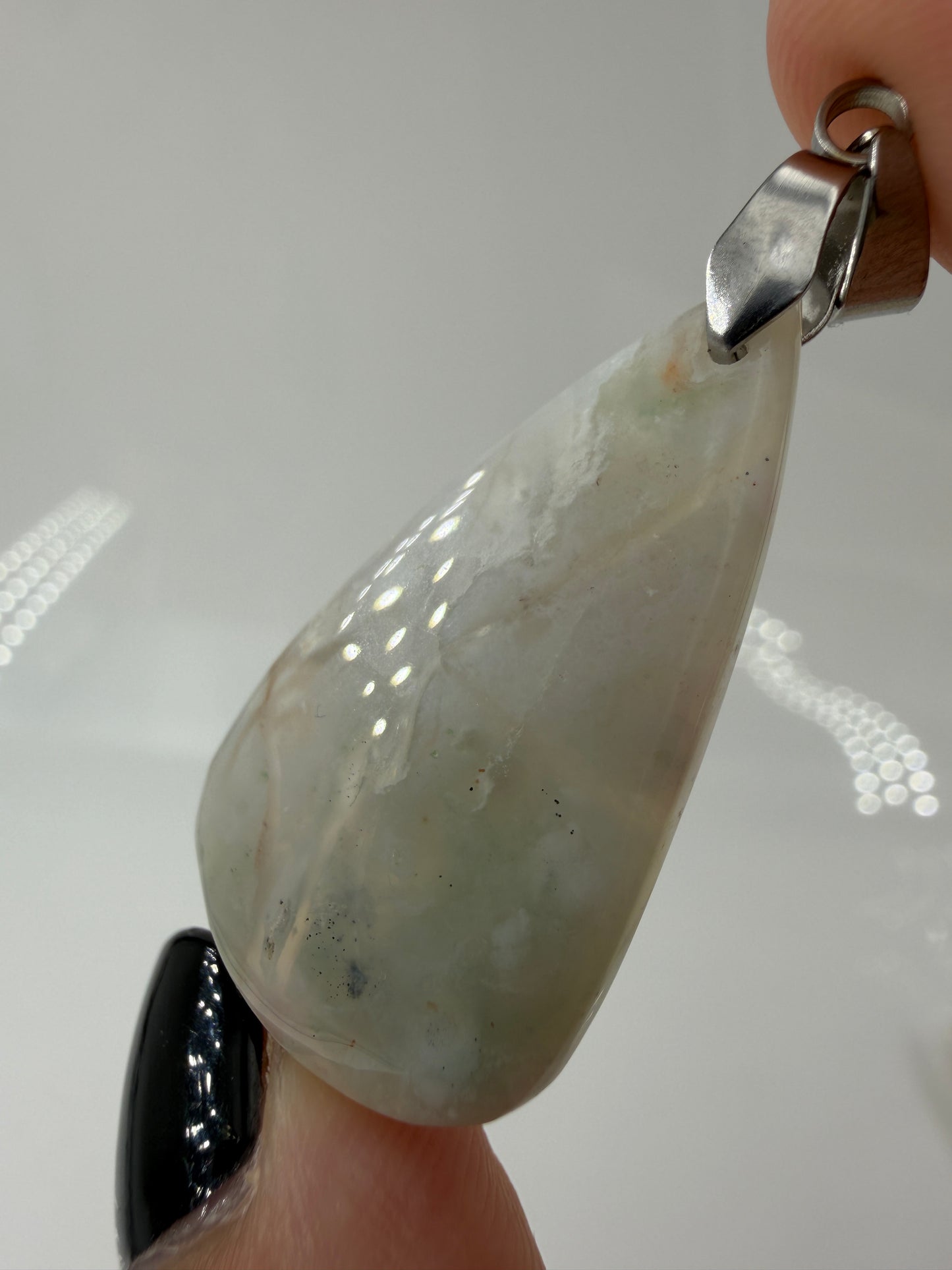 Aquaprase Cabochon-Anhänger AP13 mit Edelstahl-Clip – zartes Blaugrün, großzügige Form, ca. 3,6 × 1,9 cm