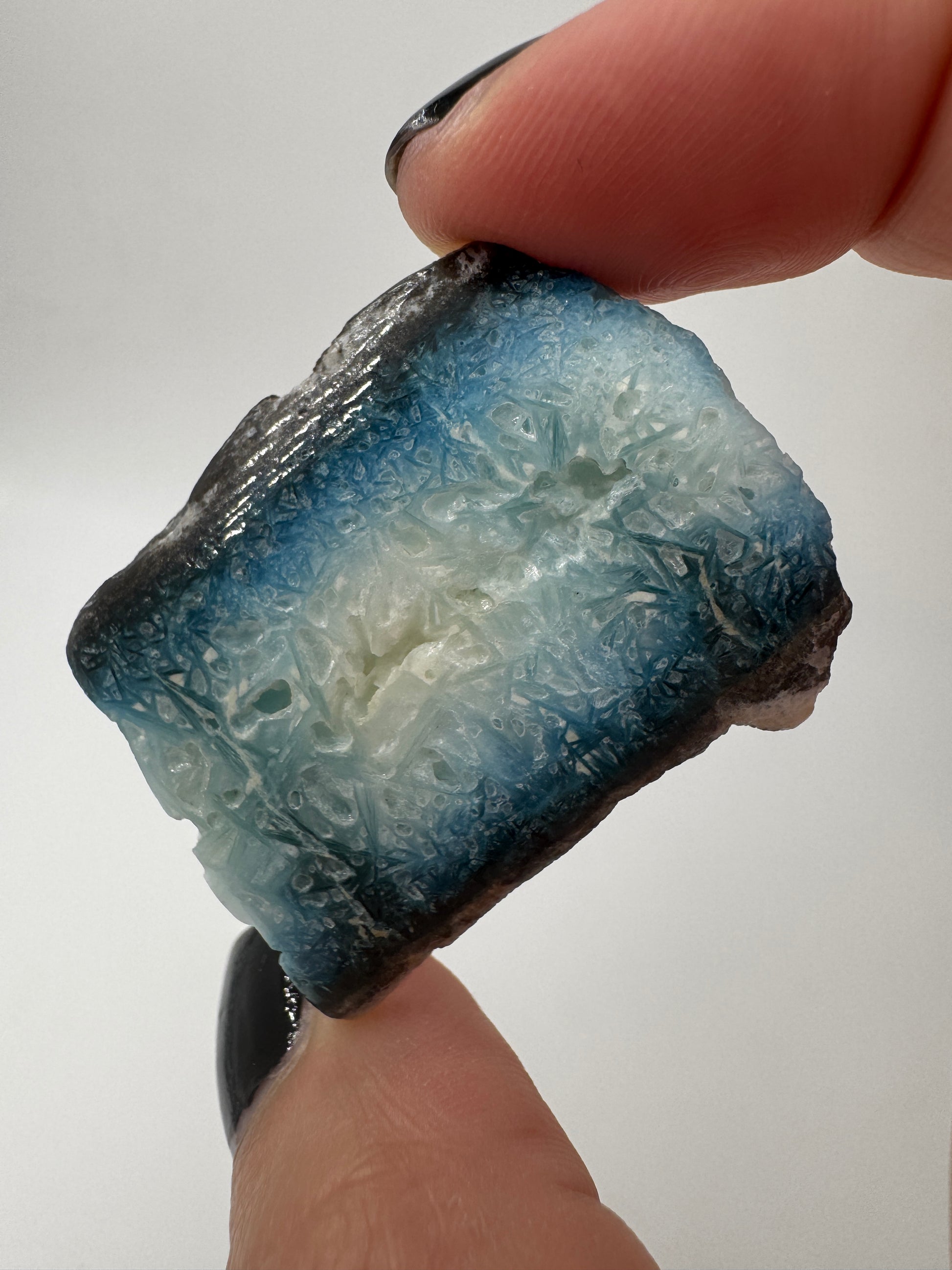 Eine Scheibe aus  Blue Ice Glacierite  mit polierter Oberfläche und charakteristischen Farbe von weiß, blau und schwarz. 