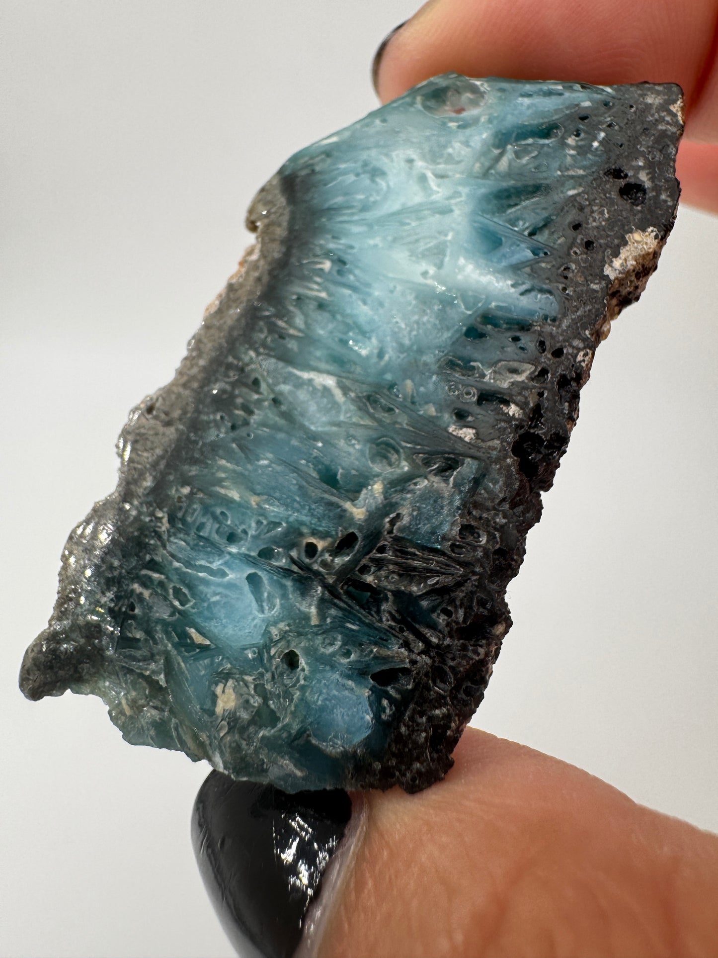 Eine Scheibe aus  Blue Ice Glacierite  mit polierter Oberfläche und charakteristischen Farbe von weiß, blau und schwarz. 