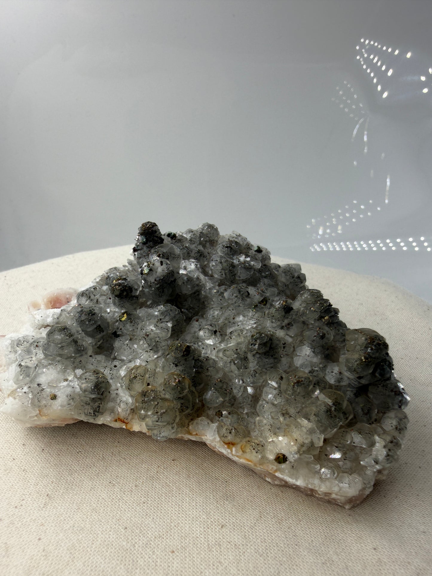 Weißer Calcit mit goldglänzenden Pyrit-Kristallen auf Gesteinsmatrix aus Herdringen, Sauerland.