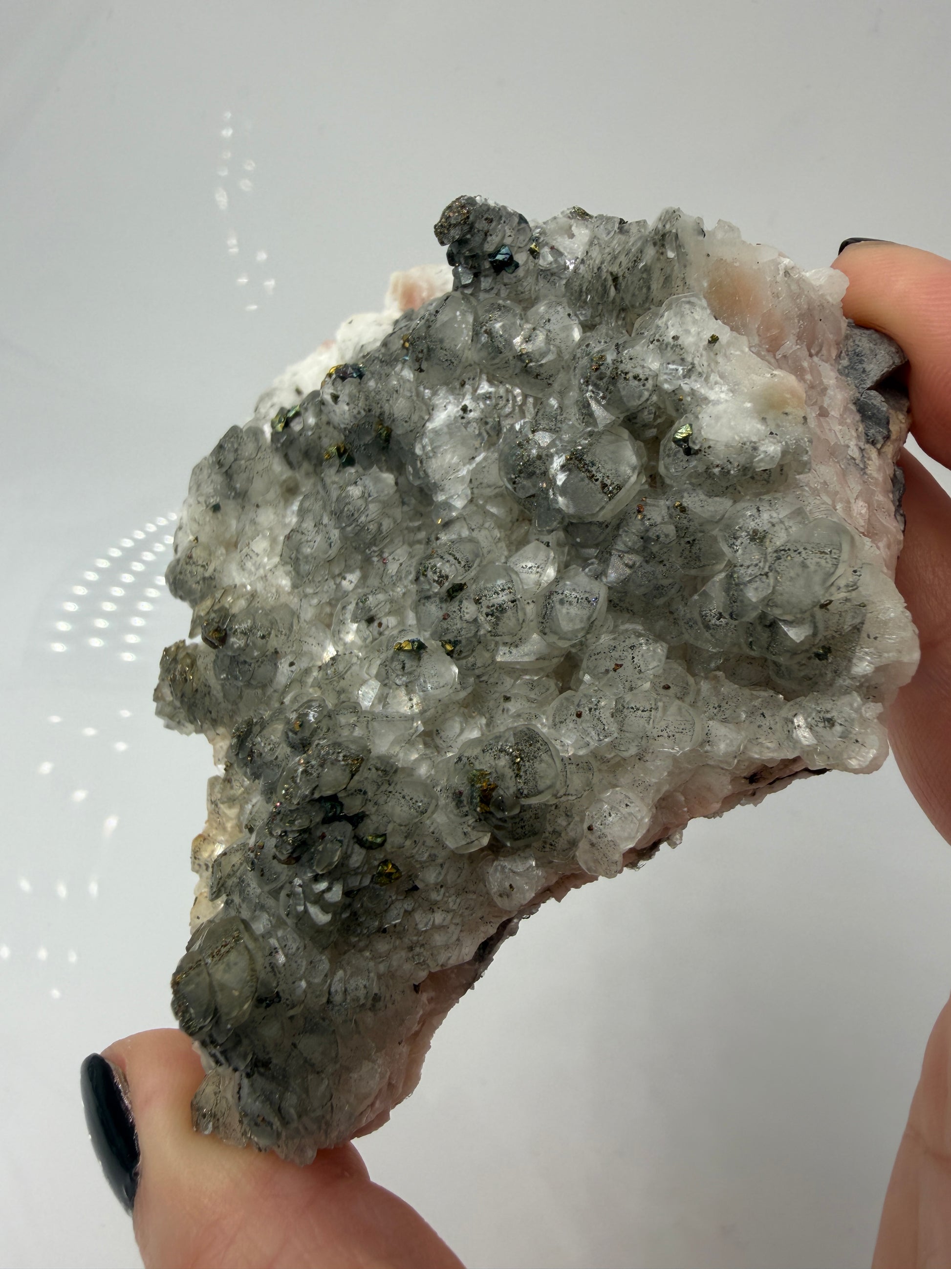 Weißer Calcit mit goldglänzenden Pyrit-Kristallen auf Gesteinsmatrix aus Herdringen, Sauerland.