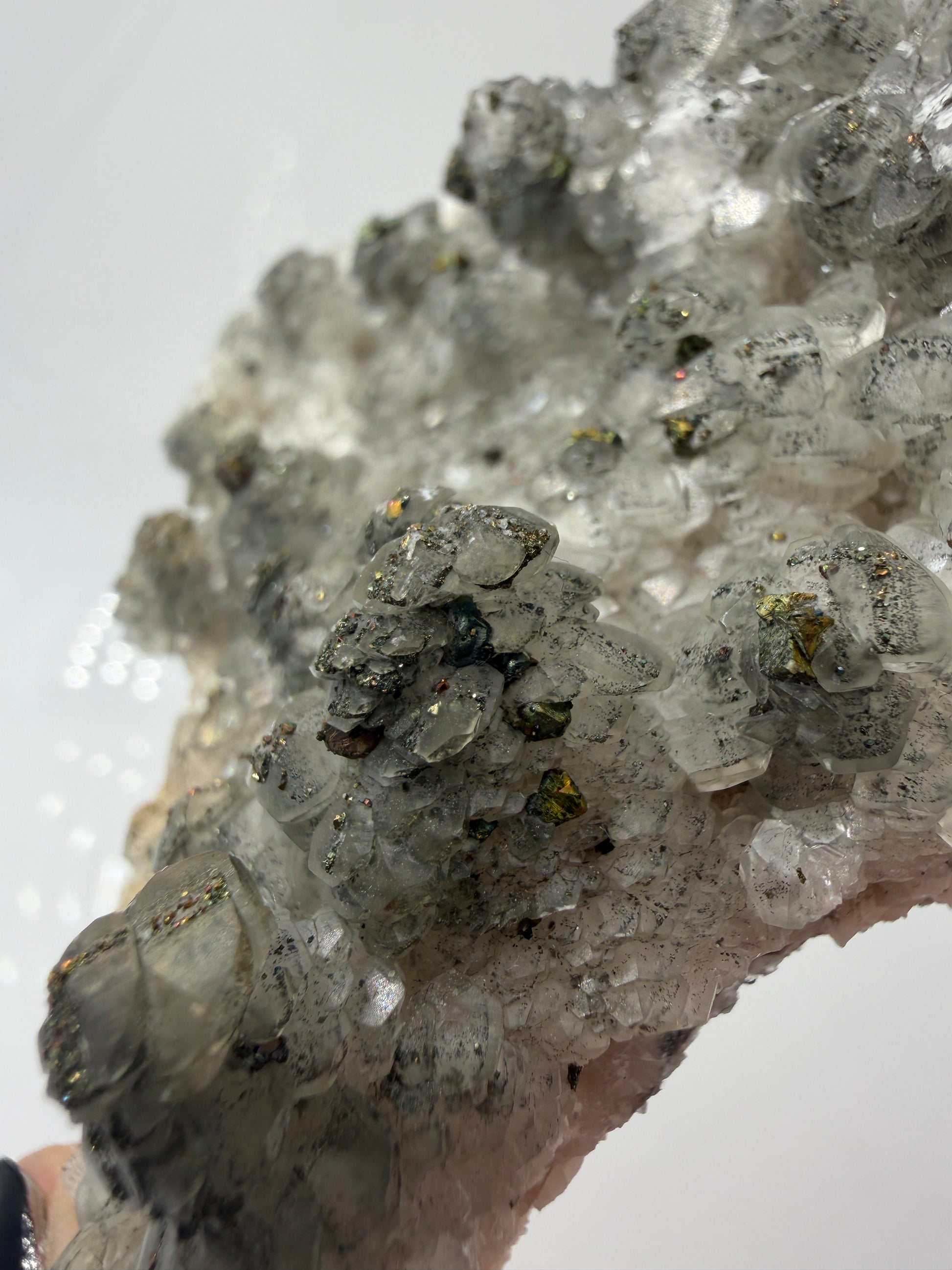 Weißer Calcit mit goldglänzenden Pyrit-Kristallen auf Gesteinsmatrix aus Herdringen, Sauerland.