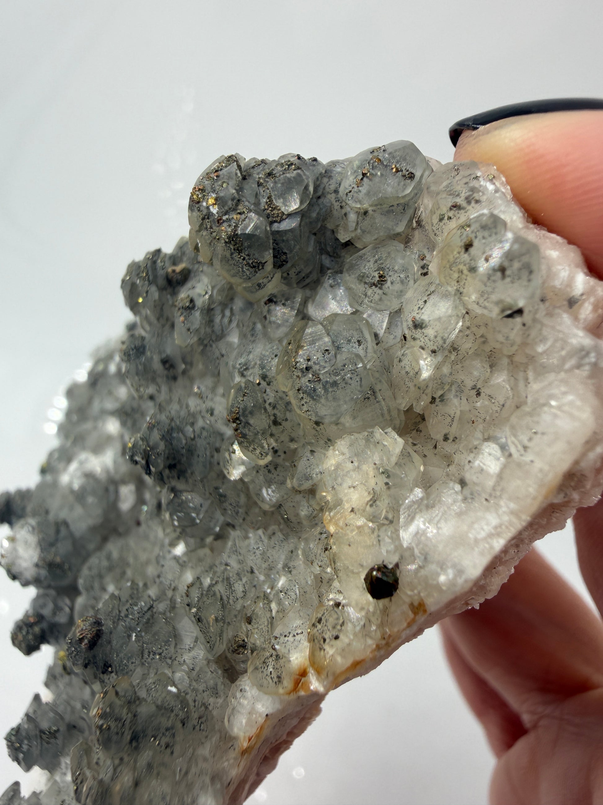 Weißer Calcit mit goldglänzenden Pyrit-Kristallen auf Gesteinsmatrix aus Herdringen, Sauerland.