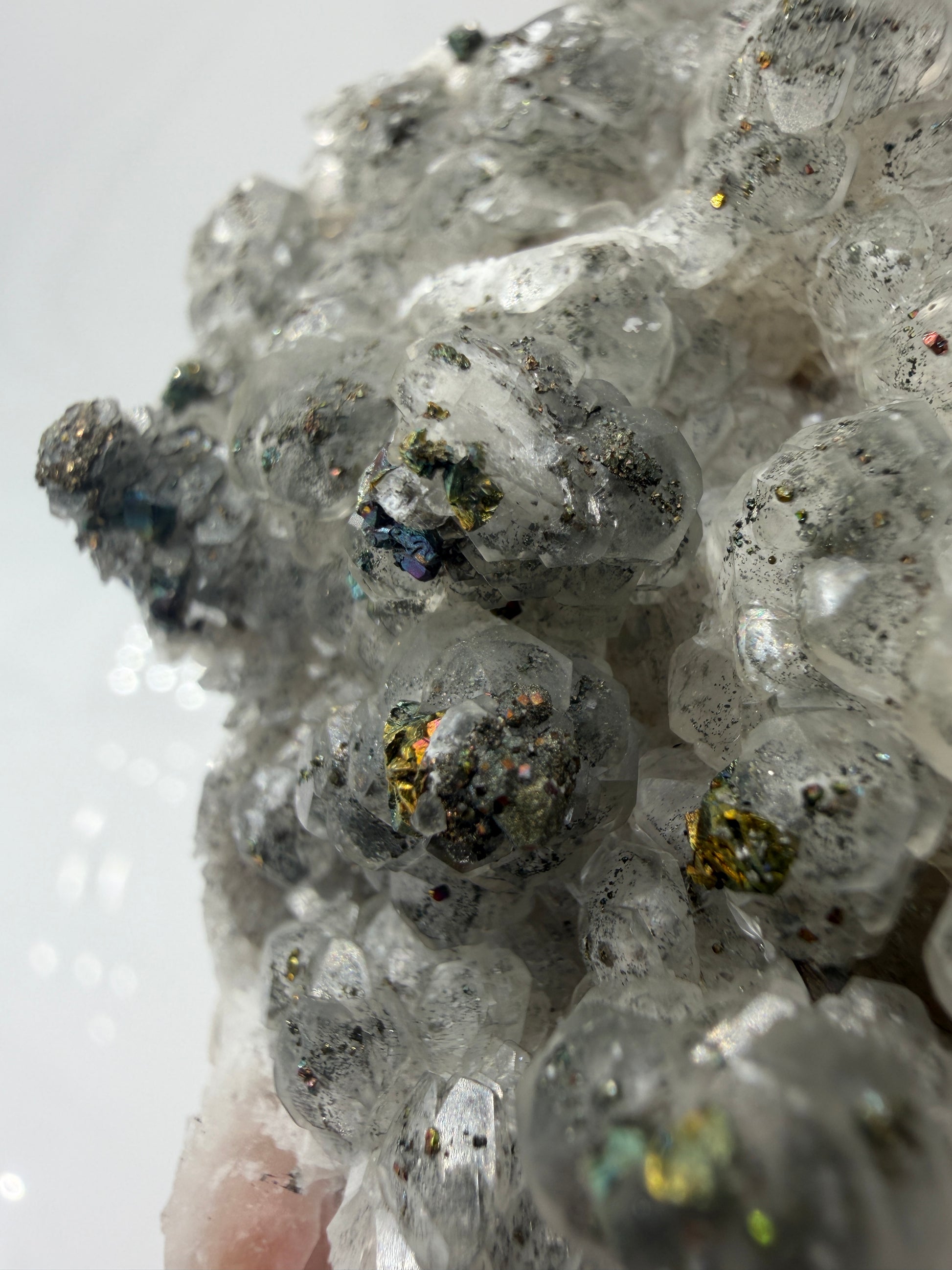 Weißer Calcit mit goldglänzenden Pyrit-Kristallen auf Gesteinsmatrix aus Herdringen, Sauerland.