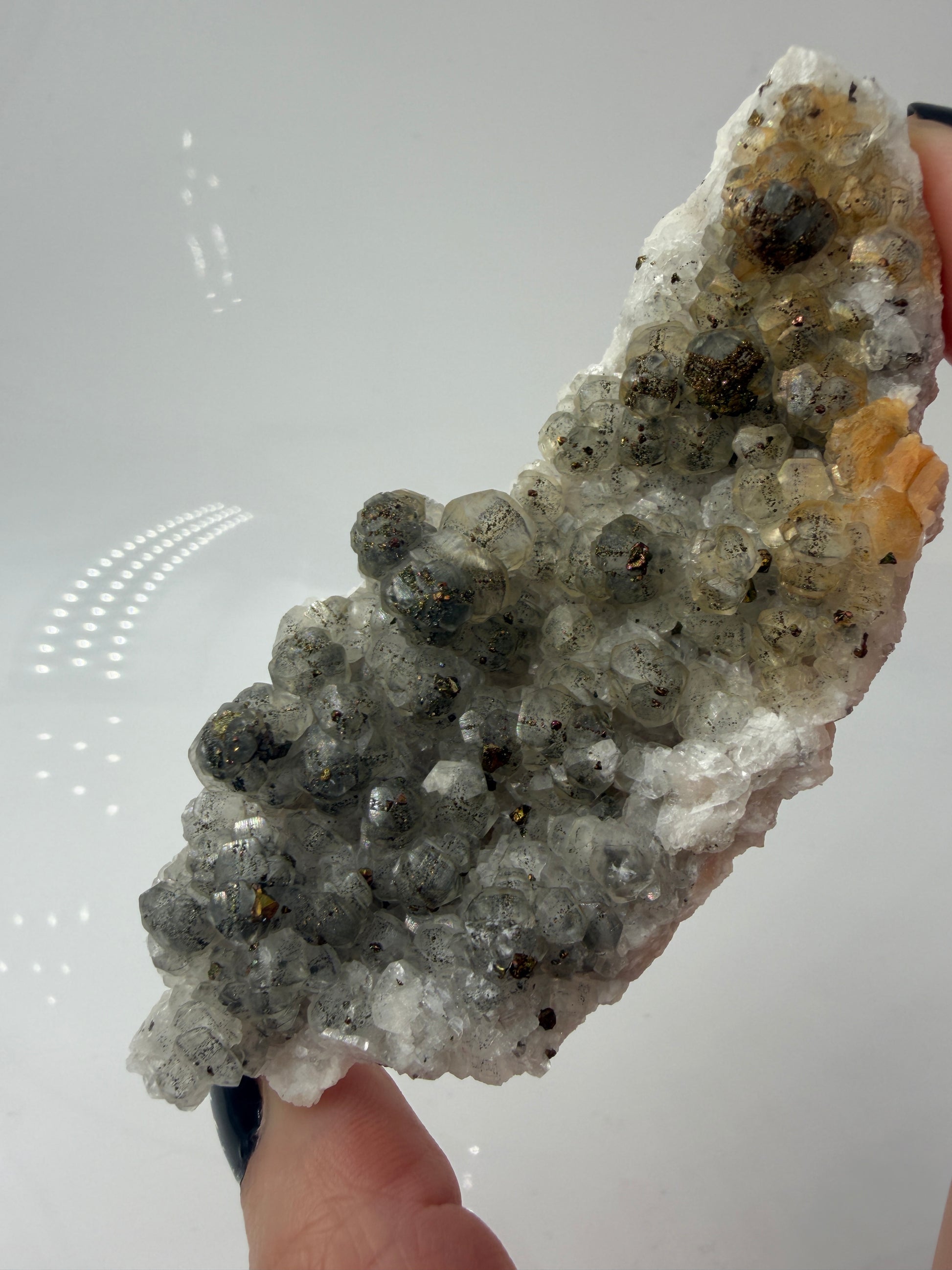 Weißer Calcit mit goldglänzenden Pyrit-Kristallen auf Gesteinsmatrix aus Herdringen, Sauerland.
