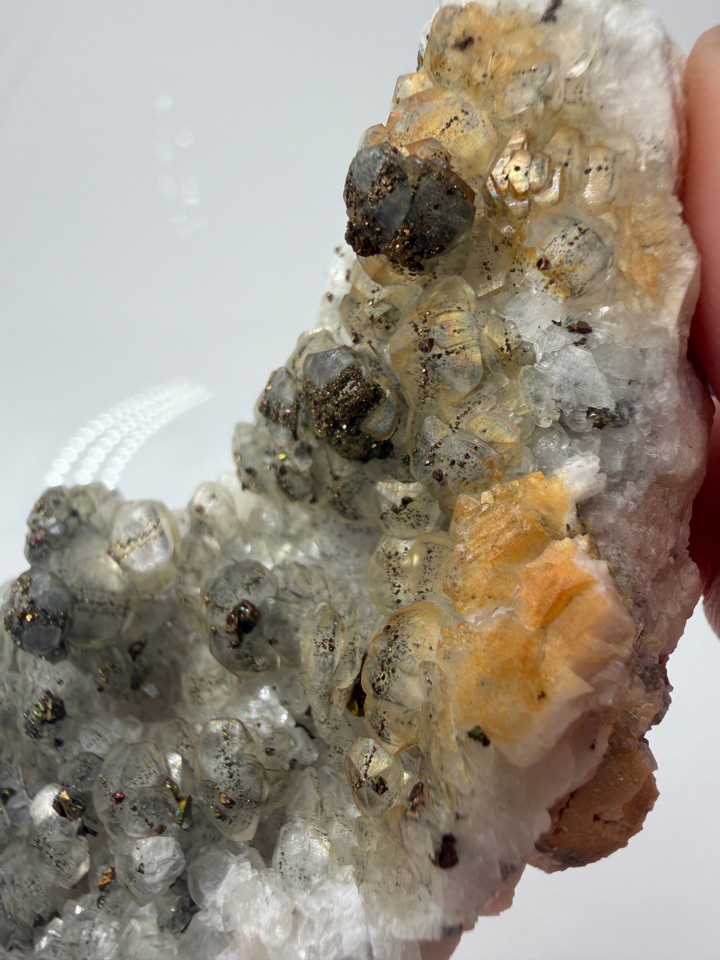 Weißer Calcit mit goldglänzenden Pyrit-Kristallen auf Gesteinsmatrix aus Herdringen, Sauerland.