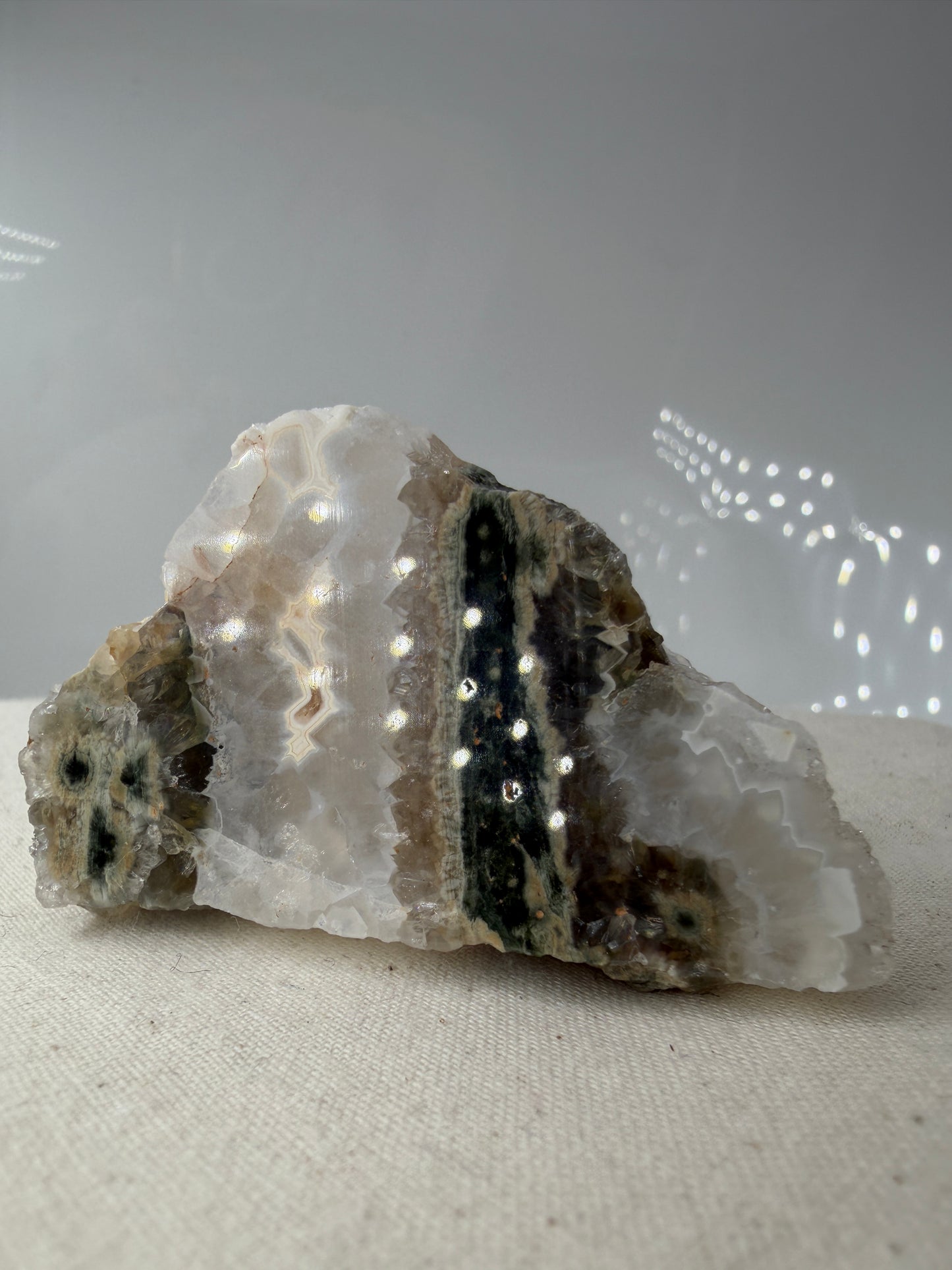 Polierte Platte aus sphärolitischem Chalcedon mit sichtbaren, kreisförmigen Mineral-Strukturen.