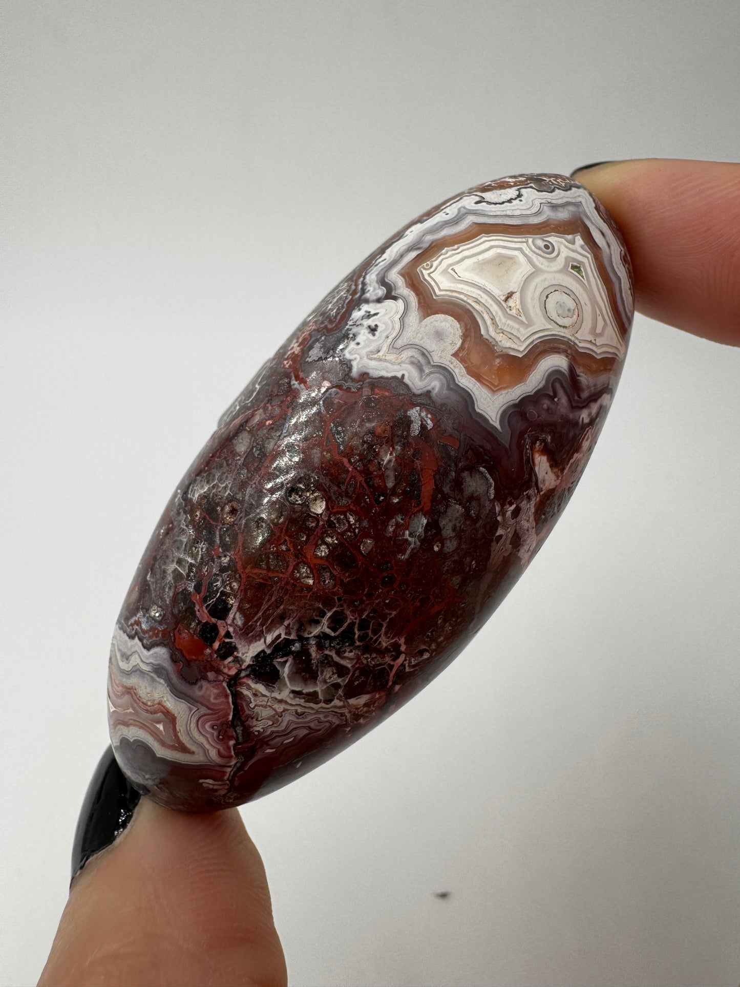 Ein eiförmig geschliffener Crazy Lace Achat mit dynamischen, bunten Wirbelmustern und perfekt glatter Politur vor einem schlichten Hintergrund.