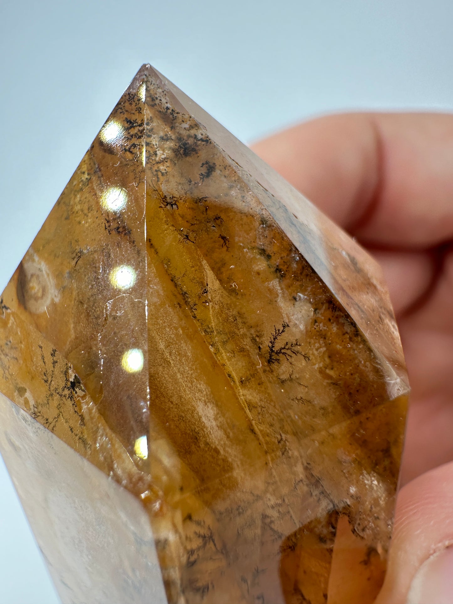 Dendritenquarz Spitze DS55, 8,4 cm, mit baumförmigen Dendriteneinschlüssen und warmen Eisentönen im klaren Quarz
