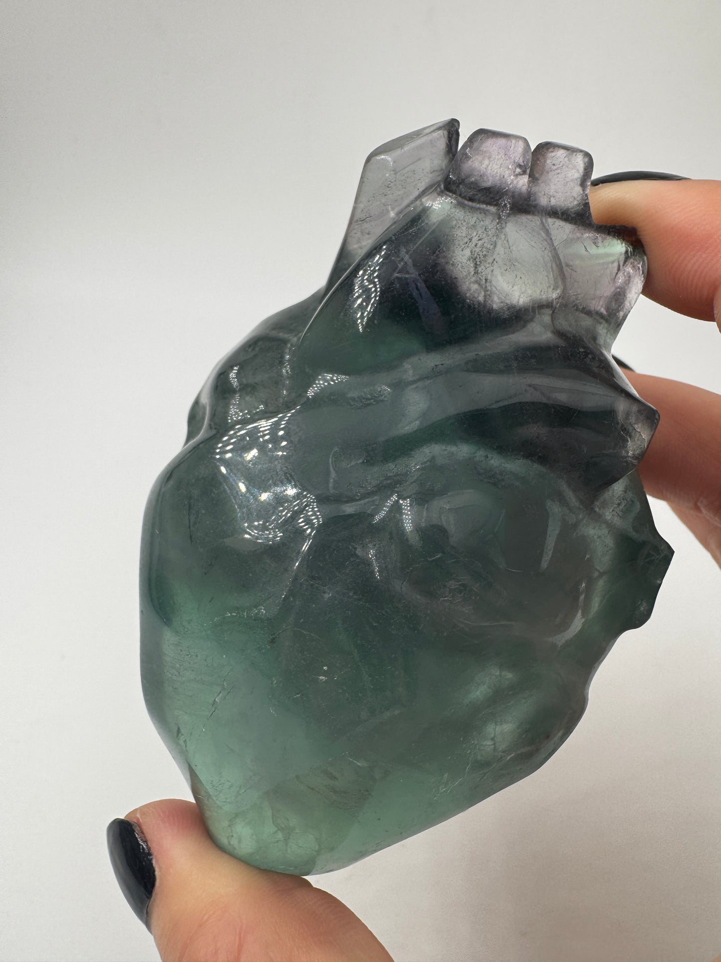 Ein anatomisch geformtes Herz aus Fluorit mit charakteristischen violett-grünen Farbbändern und einer hochglanzpolierten Oberfläche.