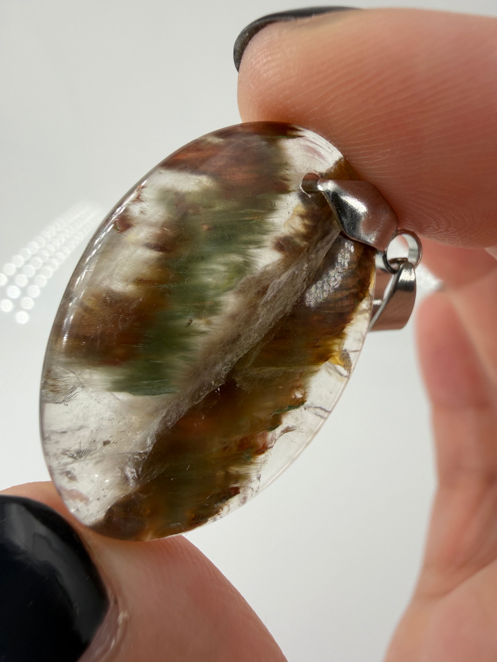 Gartenquarz Cabochon-Anhänger GA14 mit Edelstahl-Clip – natürliche Mineraleinschlüsse, ca. 3 × 2,1 cm