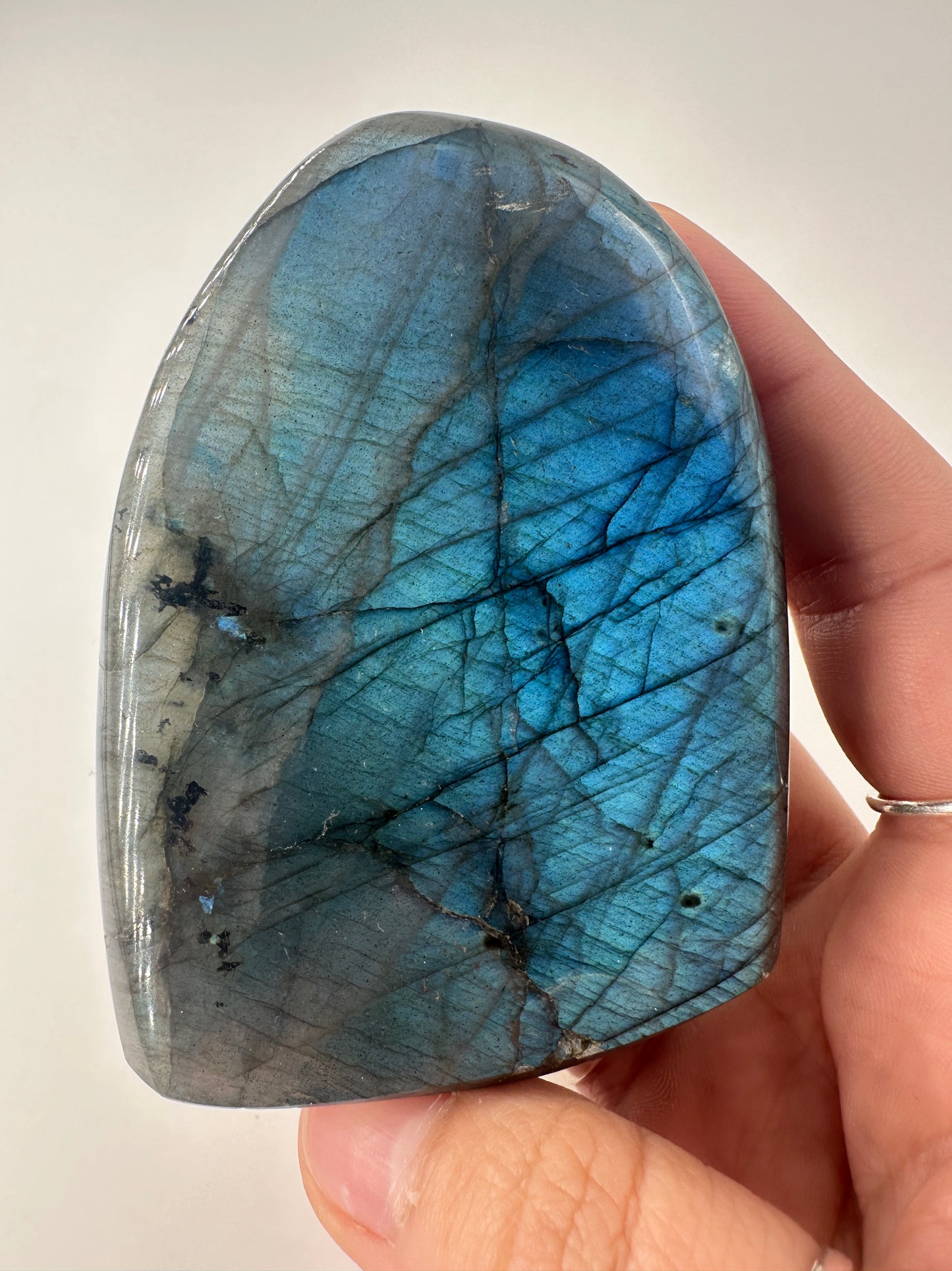 Labradorit Freiform LFF38, 8 × 6 cm, poliertes Feldspatmineral mit blauen  Labradoreszenz-Schimmer, Sammlerstück