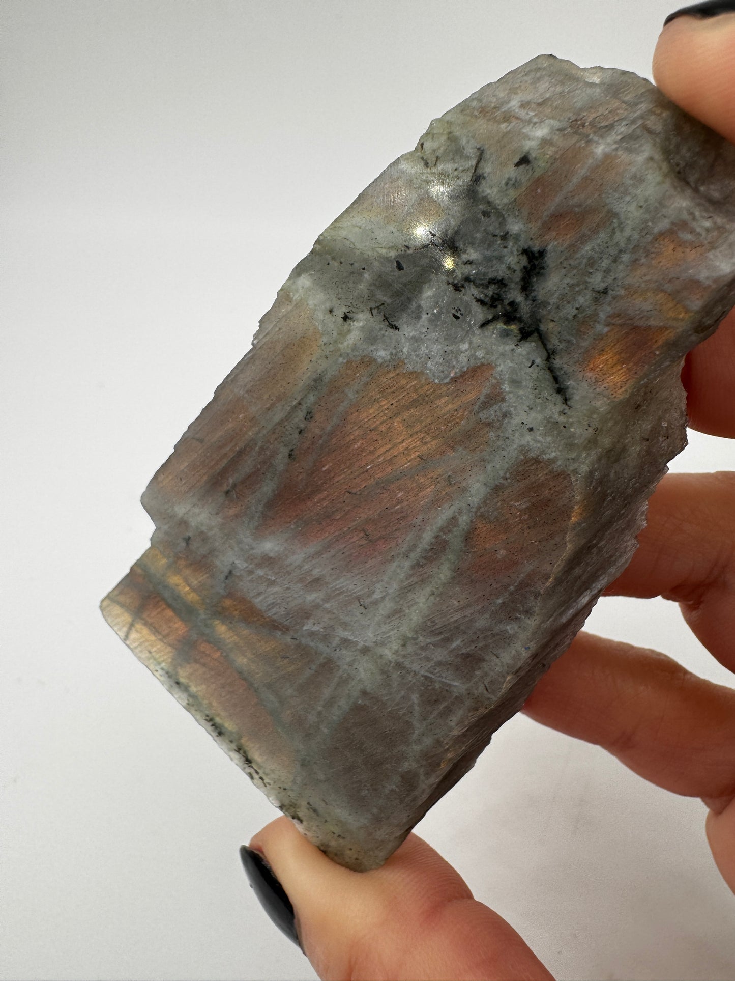 Labradorit Scheibe LSB15 mit warmem Gold-Gelb-Orange-Flash, polierte Oberfläche mit sichtbarer Labradoreszenz.