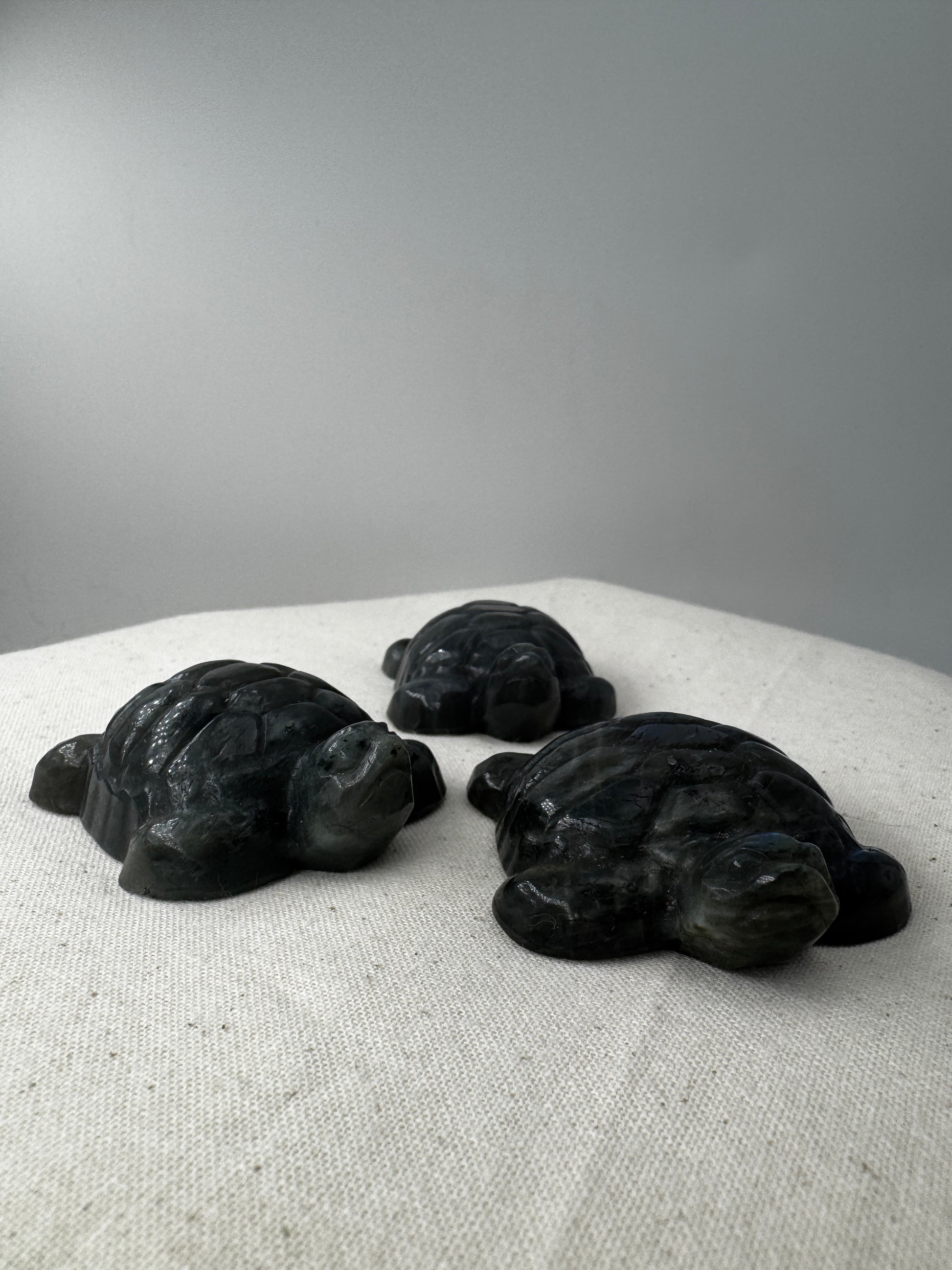 Handgeschliffene Schildkröte aus Labradorit mit Labradoreszenz-Effekt.