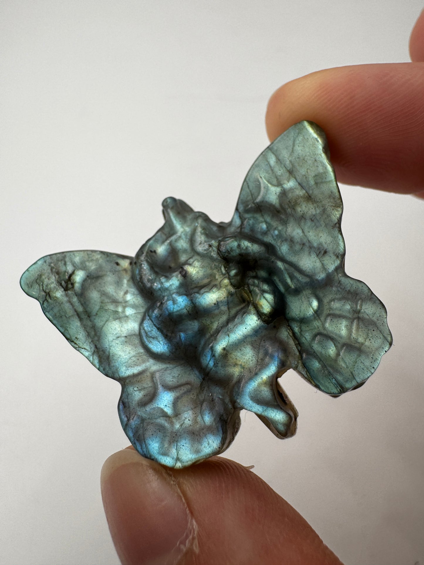 Labradorit Schmetterling mit Schlange – Carving aus Labradorit mit Labradoreszenz.