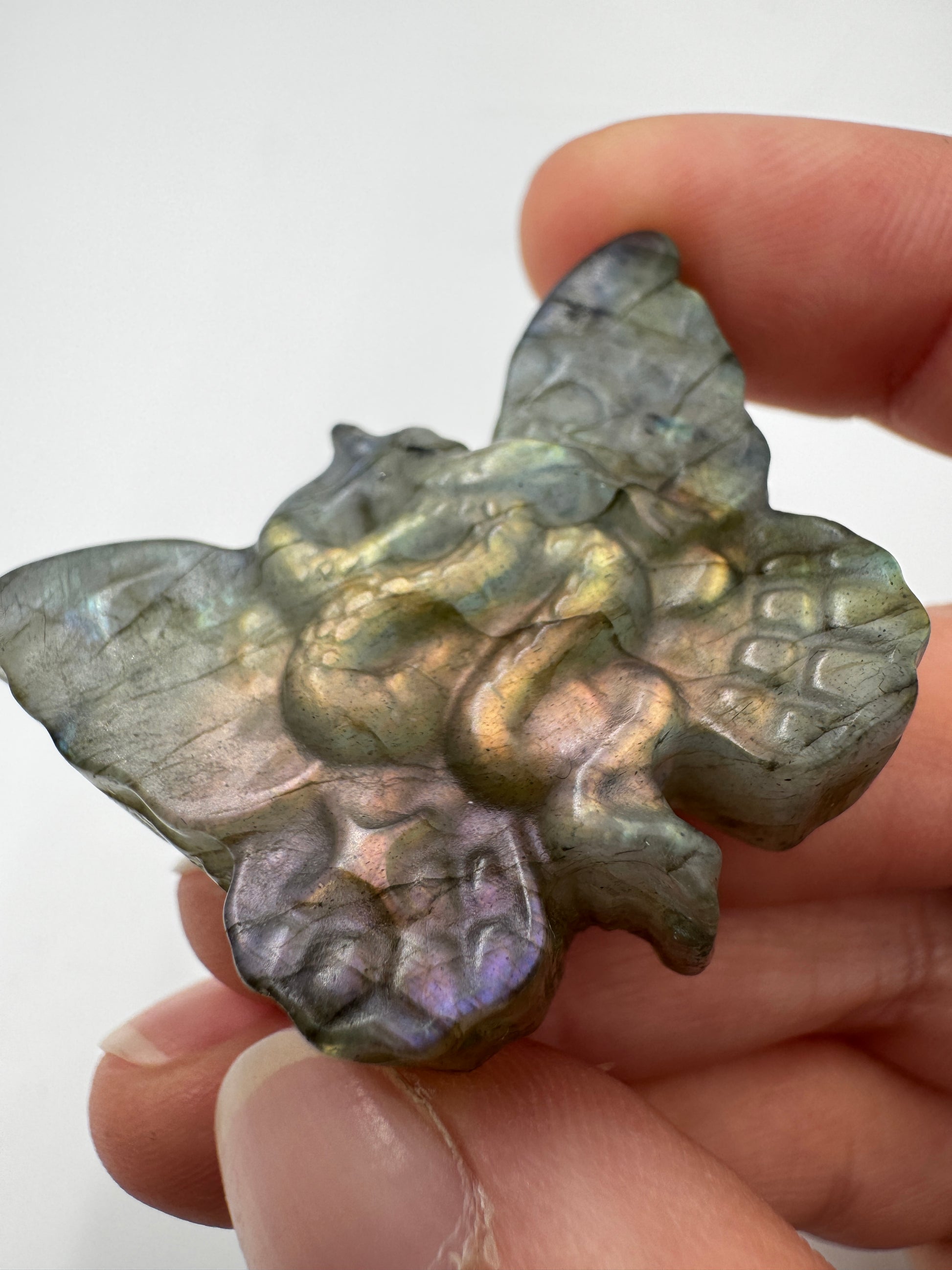 Labradorit Schmetterling mit Schlange – Carving aus Labradorit mit Labradoreszenz.