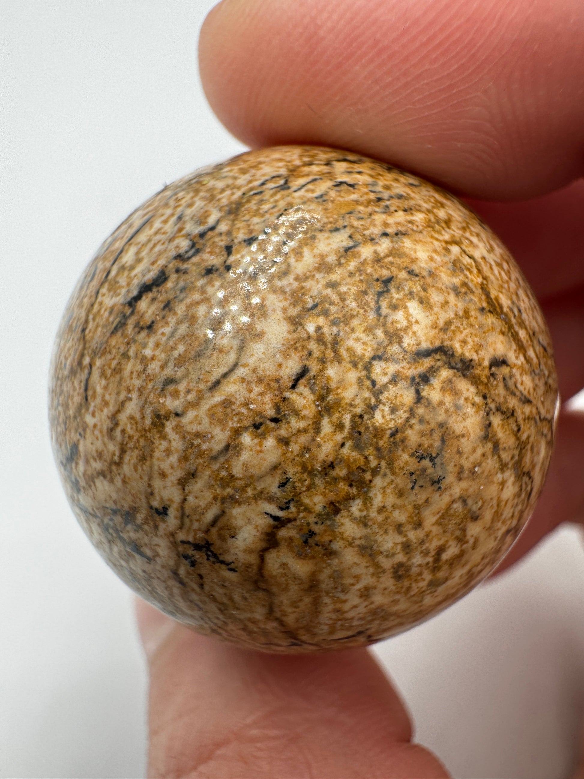 Polierte Kugel aus Landschaftsjaspis mit 3 cm Durchmesser – sichtbare Chlorit- und Eisenoxid-Einschlüsse erzeugen ein natürliches Landschaftsmuster auf der Oberfläche.