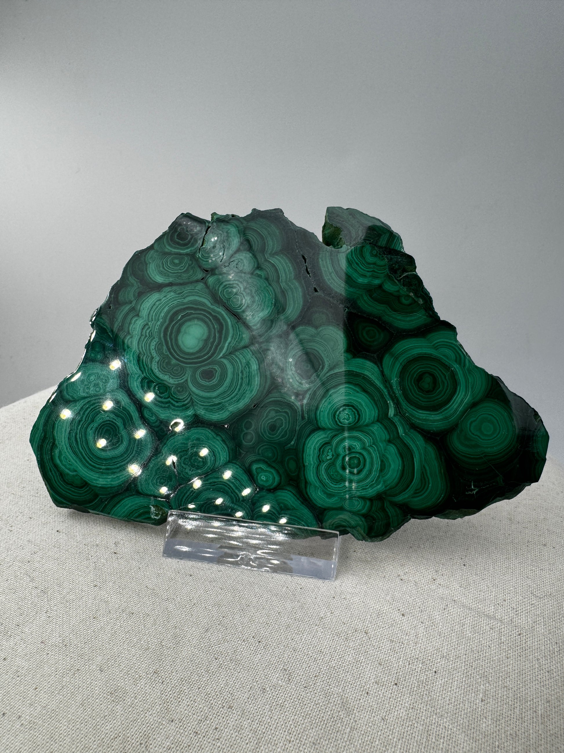 Beidseitig polierter Malachit-Anschliff mit konzentrischen grünen Bändern, 12 × 8 × 0,6 cm, natürliche Seiten.