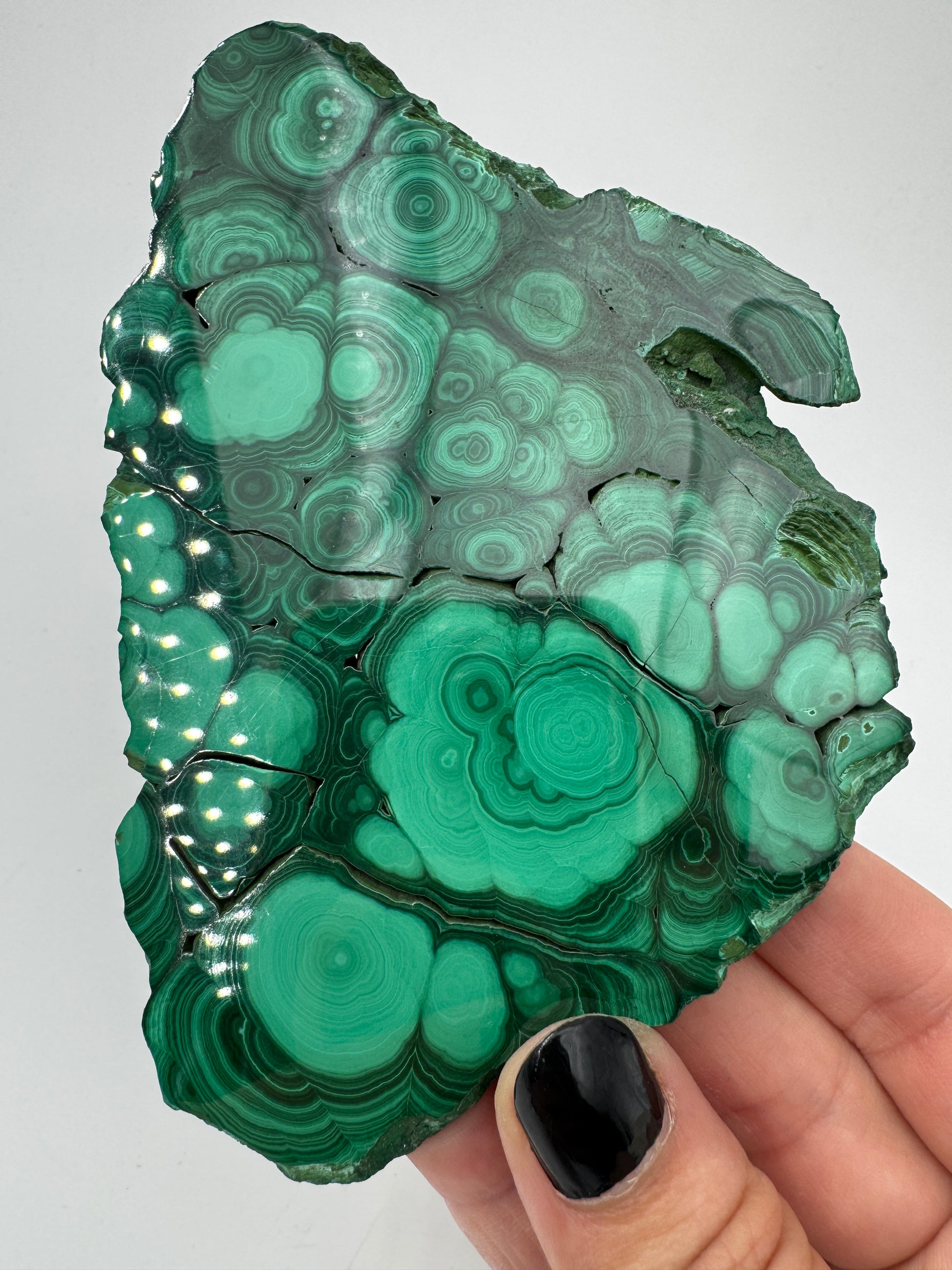 Beidseitig polierter Malachit-Anschliff mit konzentrischen grünen Bändern, 12 × 8 × 0,6 cm, natürliche Seiten.