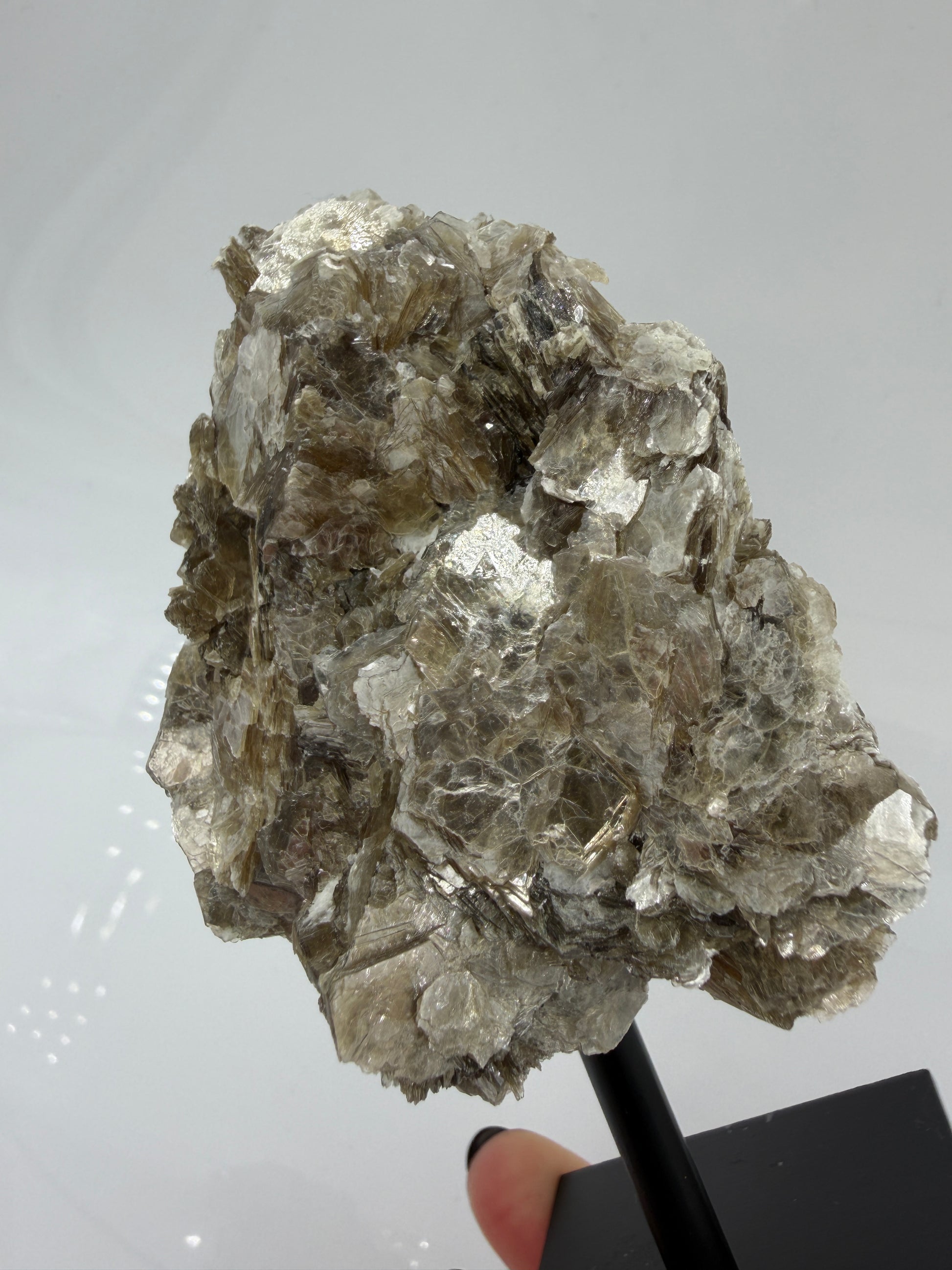 Silbrig glänzender Muskovit-Glimmer auf einem schwarzen Metallständer zur dekorativen Präsentation.