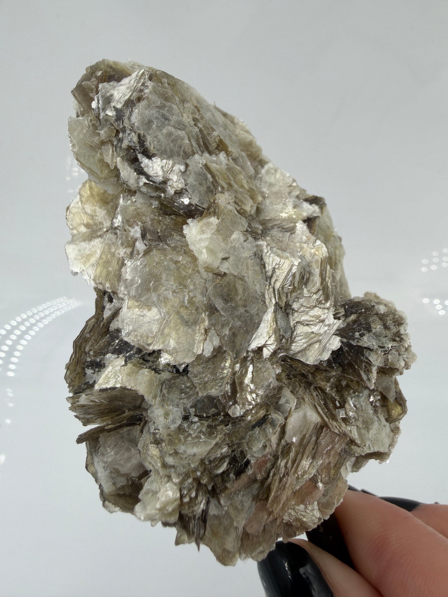 Silbrig glänzender Muskovit-Glimmer auf einem schwarzen Metallständer zur dekorativen Präsentation.