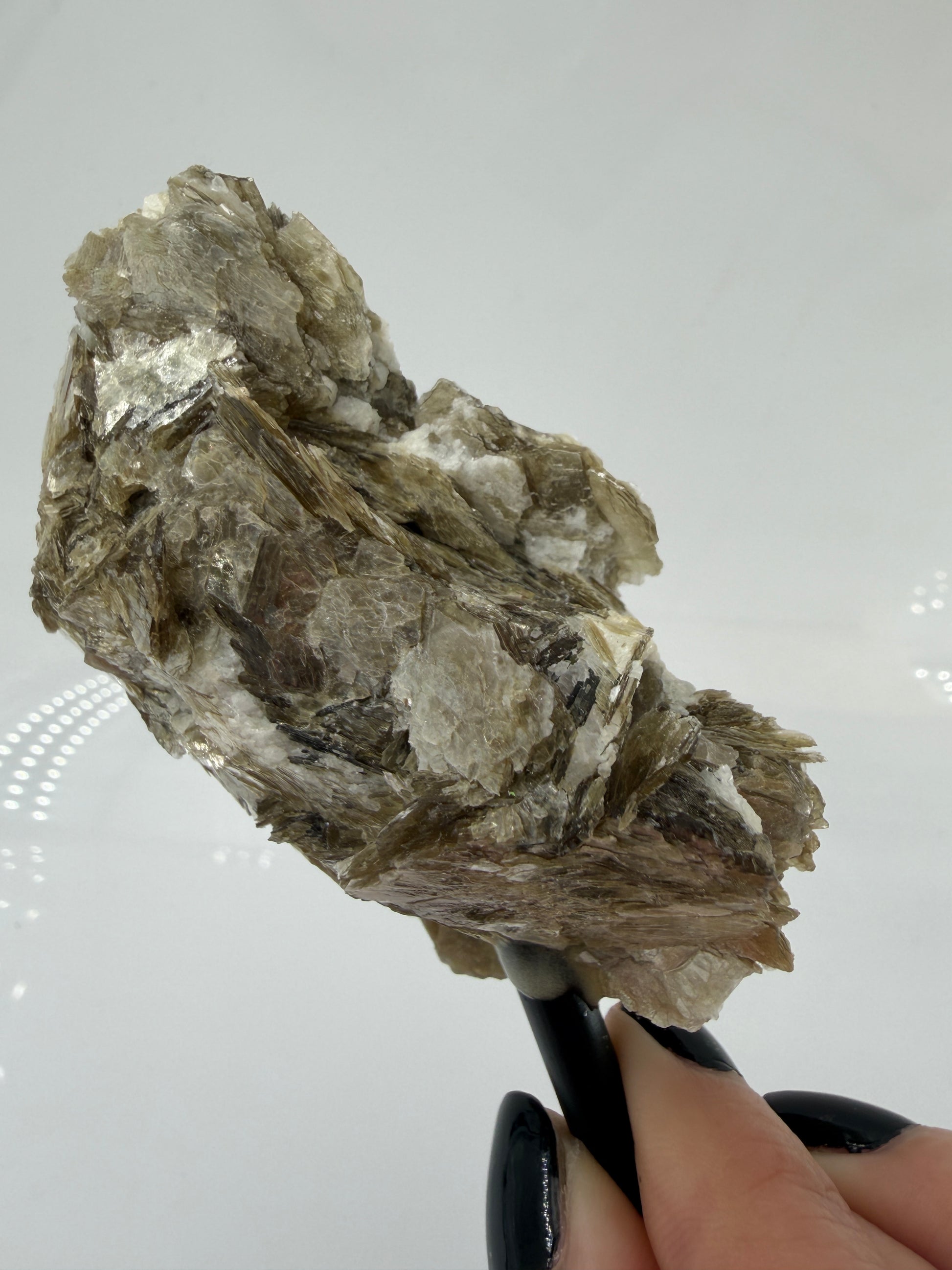 Silbrig glänzender Muskovit-Glimmer auf einem schwarzen Metallständer zur dekorativen Präsentation.