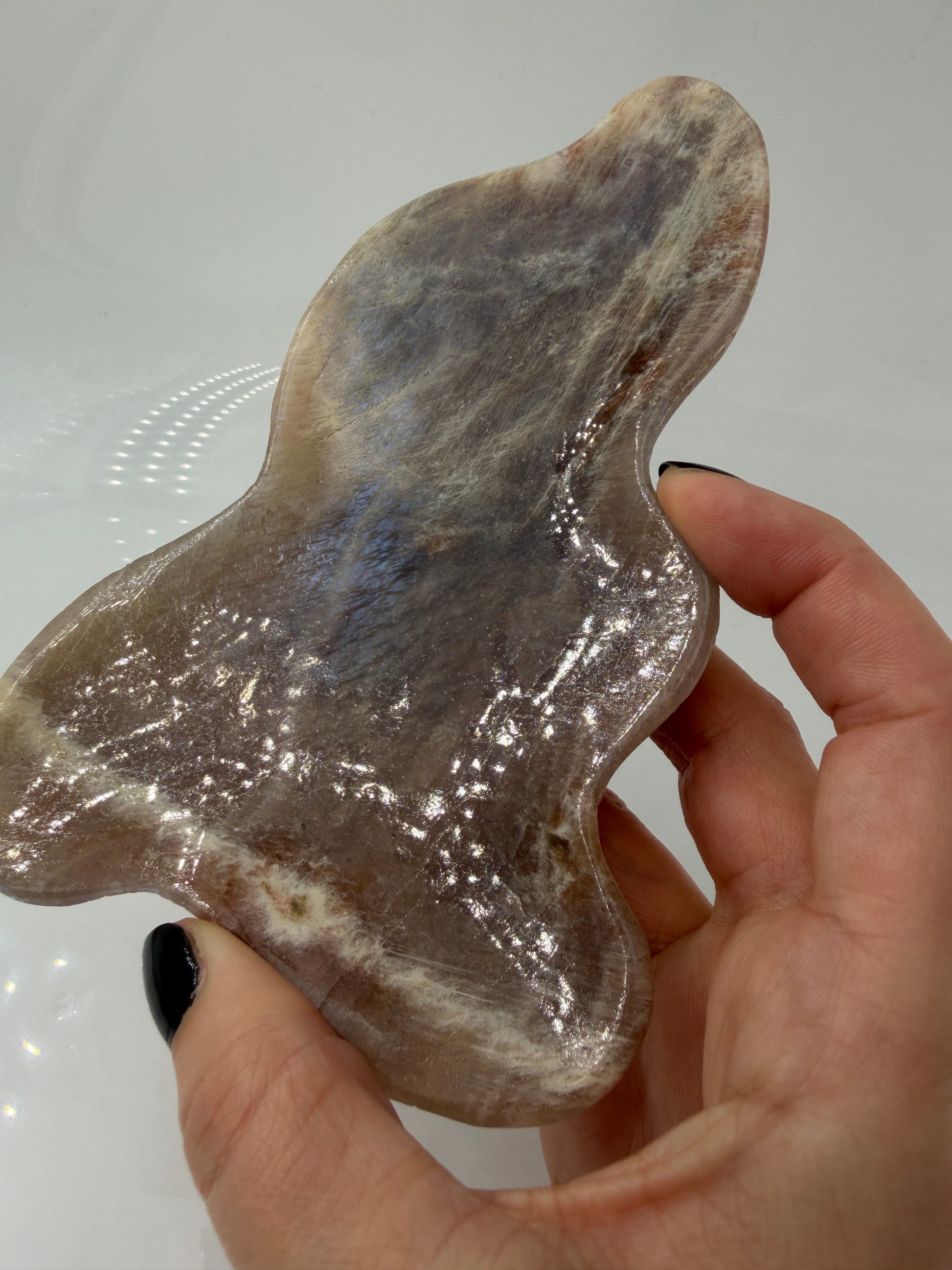 Polierte Schale aus weißem Mondstein mit charakteristischem bläulichem Schimmer (Adulareszenz).