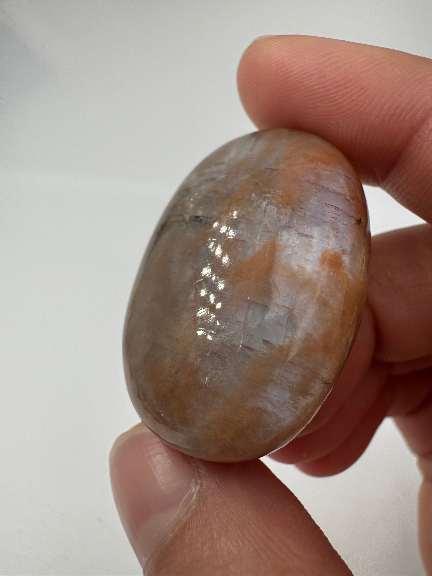 Polierter Scheibenstein aus Mondstein, 3,9 x 2,7 cm – transparentes Mineral mit sanftem blauem Adulareszenz-Schimmer auf glatter Oberfläche.