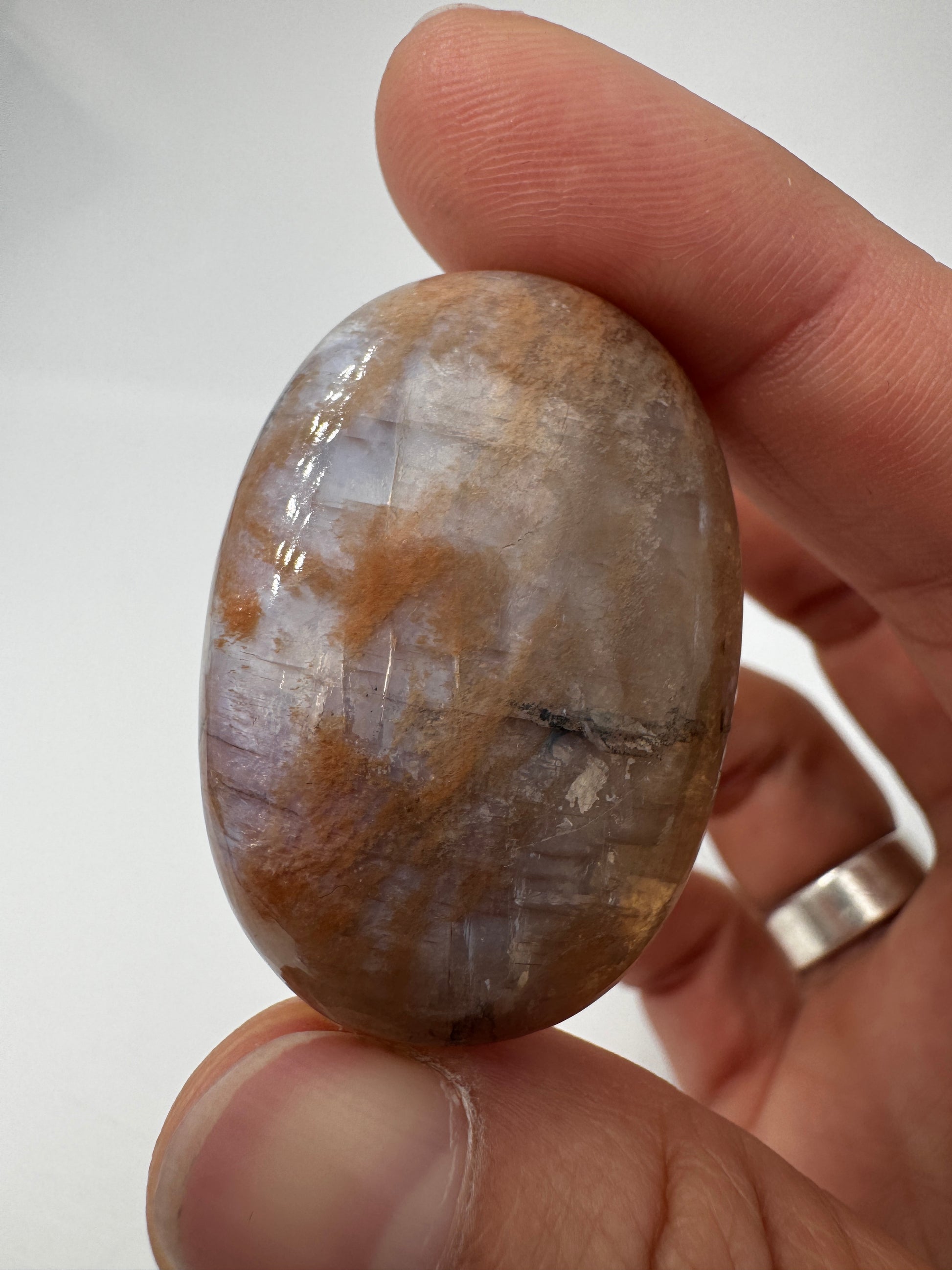 Polierter Scheibenstein aus Mondstein, 3,9 x 2,7 cm – transparentes Mineral mit sanftem blauem Adulareszenz-Schimmer auf glatter Oberfläche.
