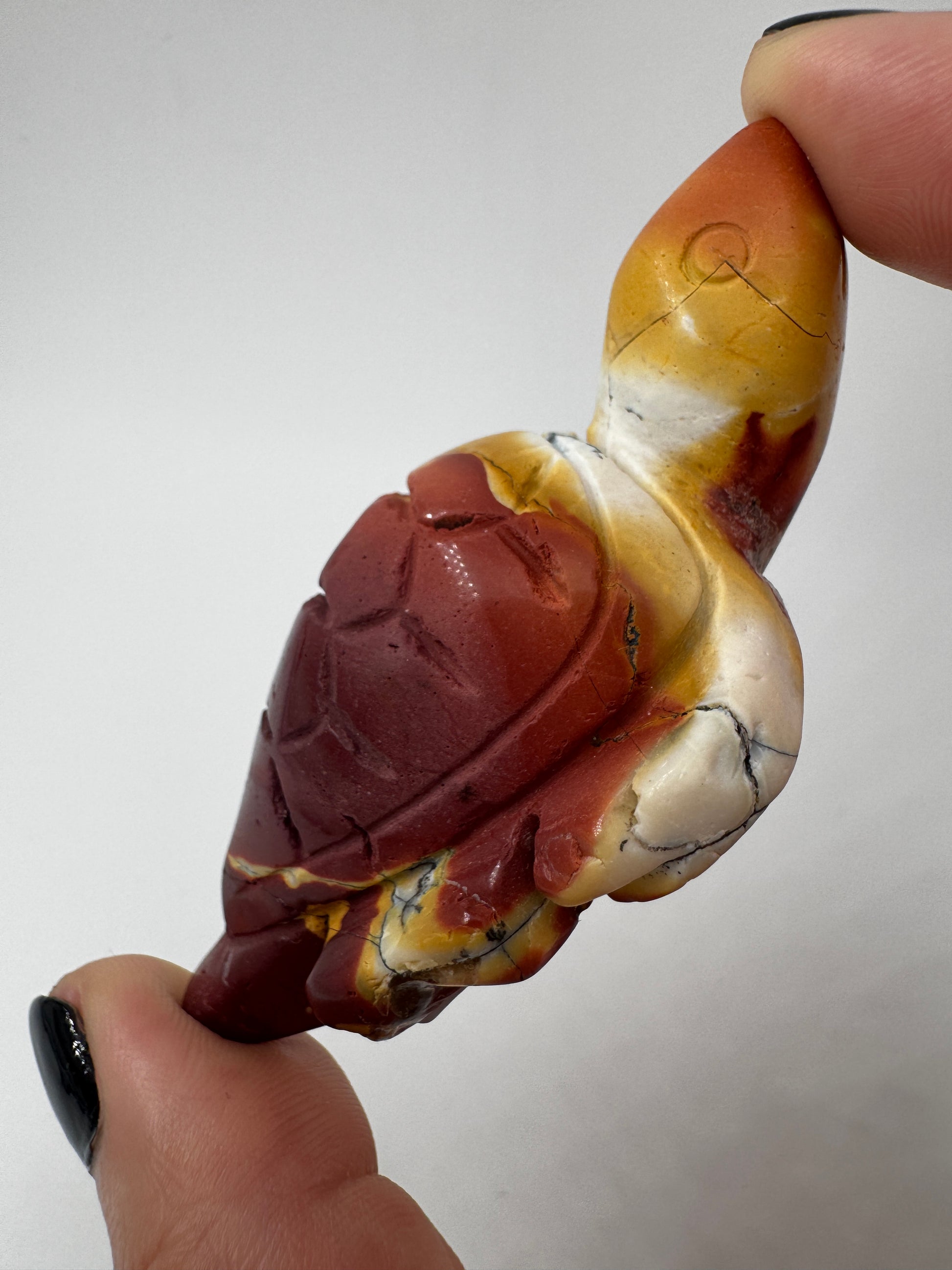 Eine handgeschliffene Schildkröte aus Mookait mit einem kontrastreichen Muster aus gelben und roten Farbfeldern.