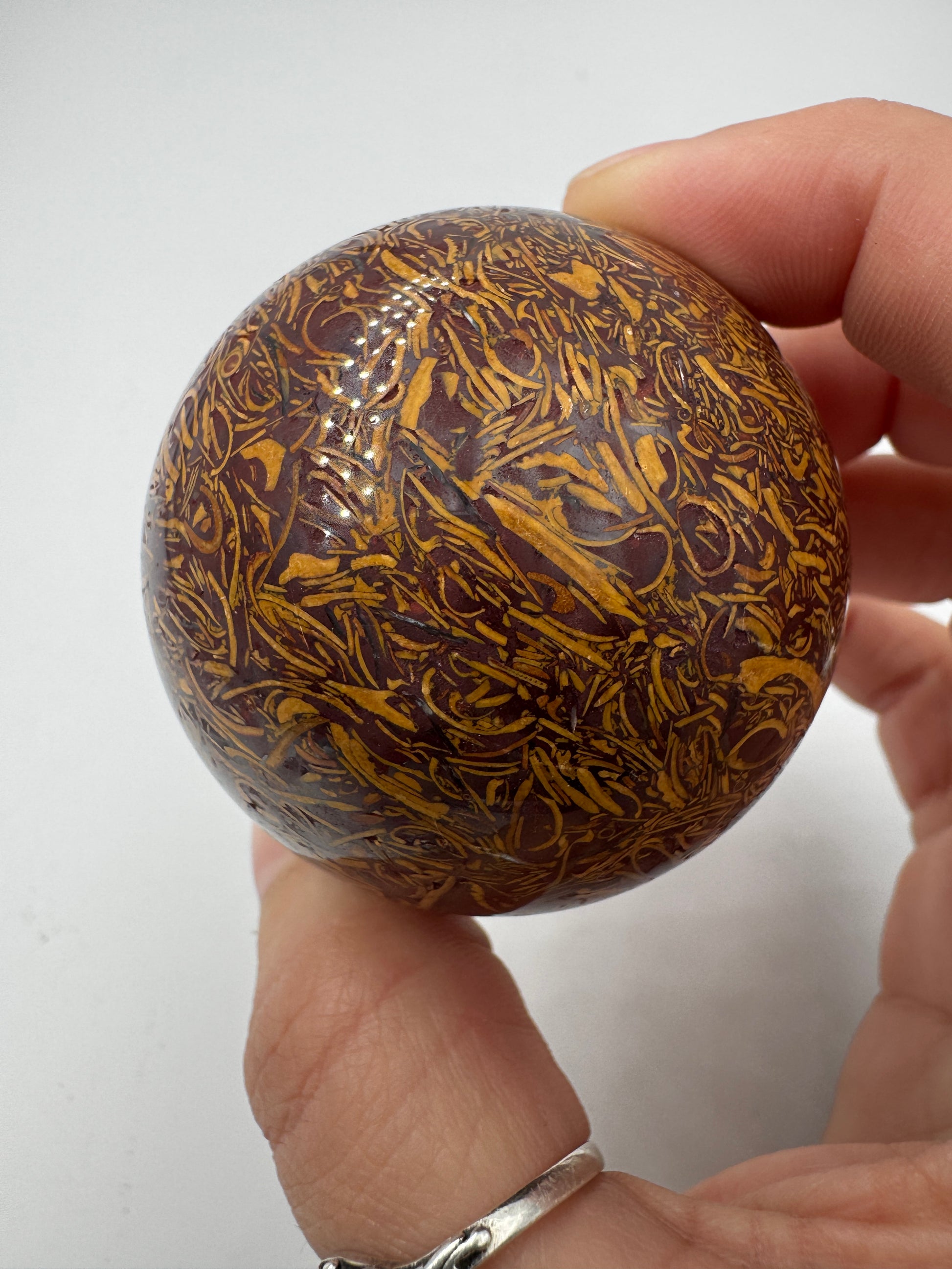 Muschelkalk Kugel KK37 – polierte Kugel aus Muschelkalk (Schlangenjaspis) mit fossilen Schaleneinschlüssen.