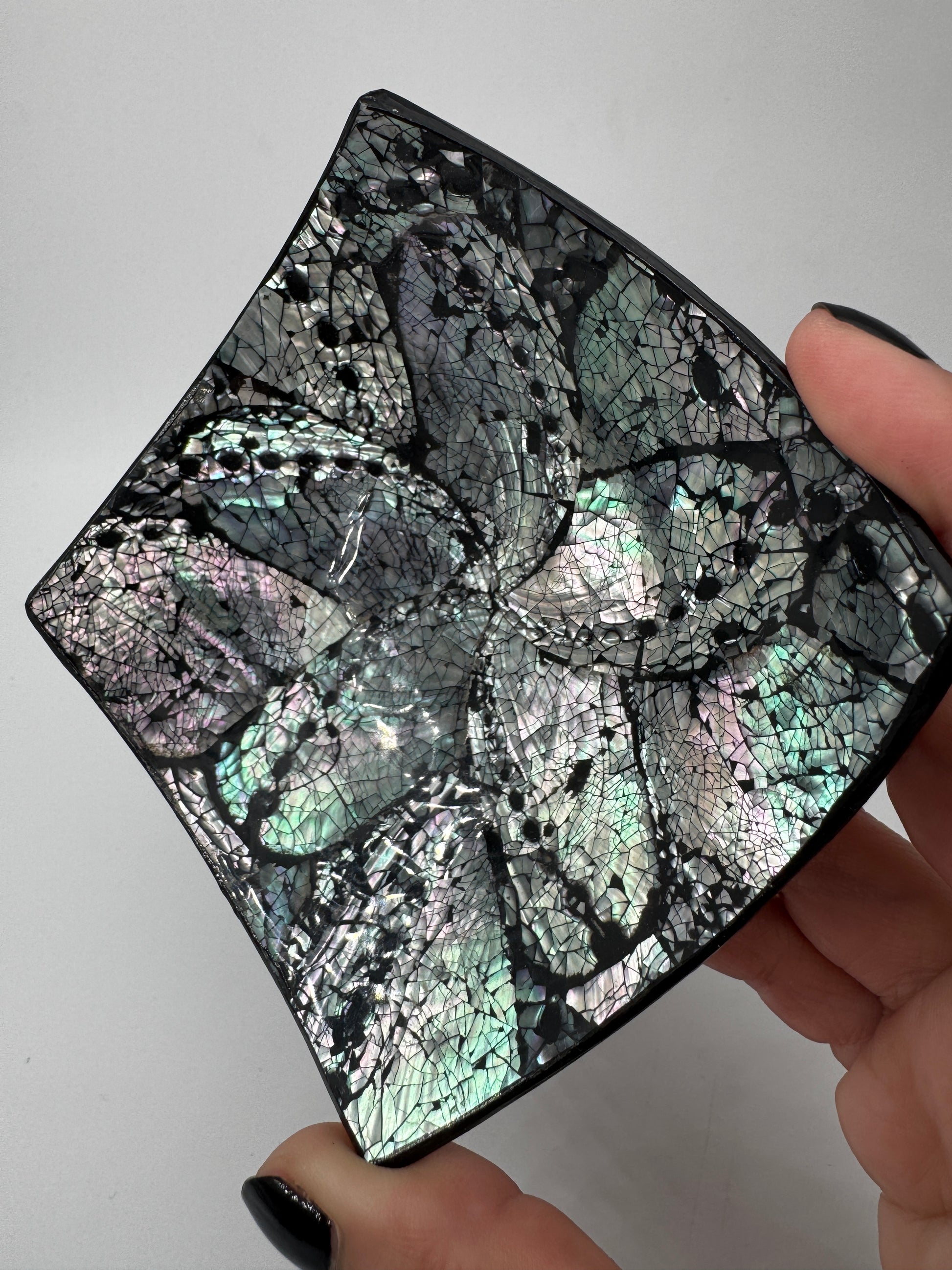 Eckige Schale aus Paua-Muschel (Haliotis iris) mit irisierendem Perlmuttglanz in Blau, Grün und Violett, 10 × 10 × 3 cm.