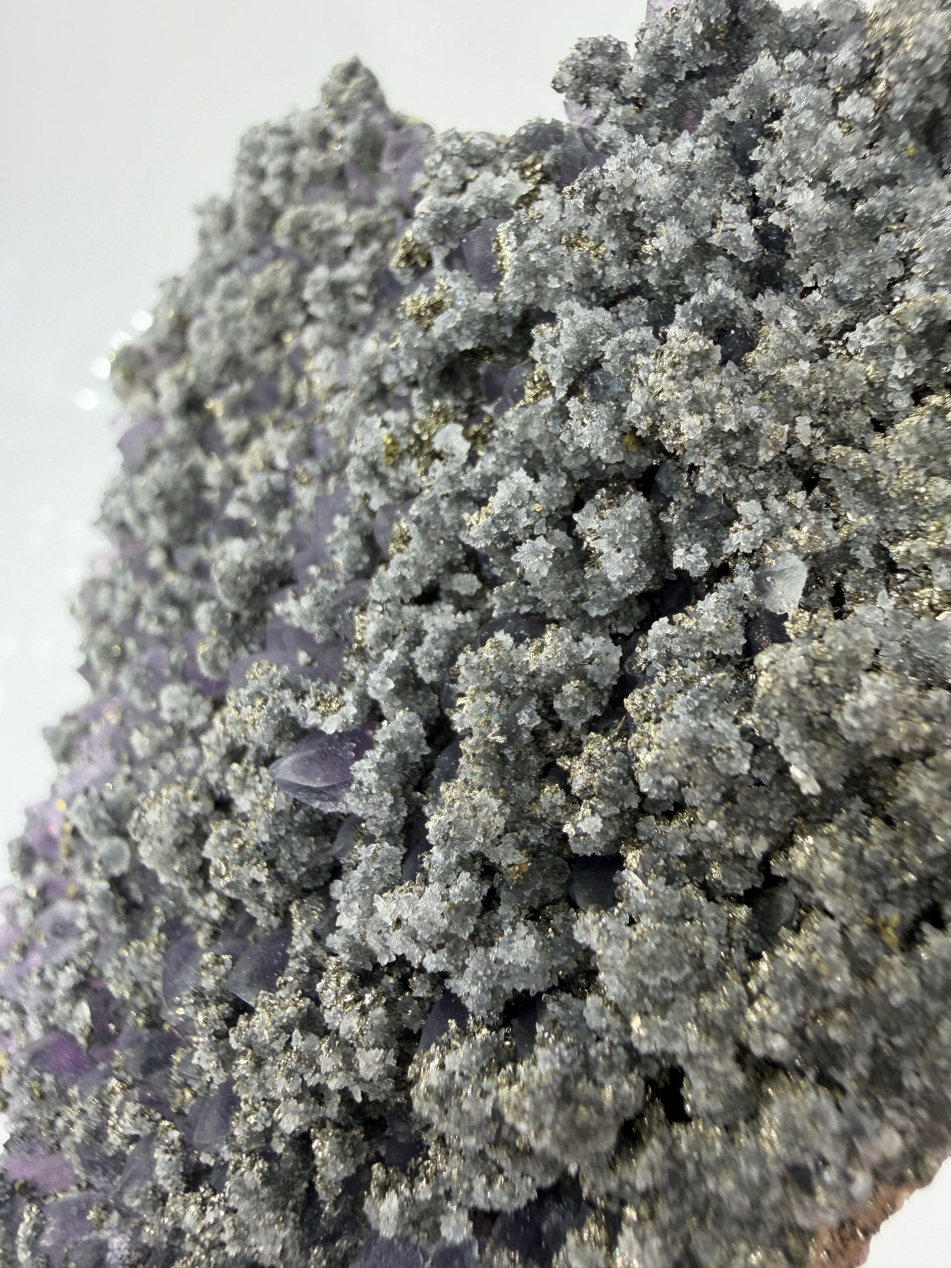 Amethyst mit Pyrit, tief-violette Kristallspitzen mit metallisch schimmerndem Pyrit und Quarz, aus der Davidkovo Mine in Bulgarien.