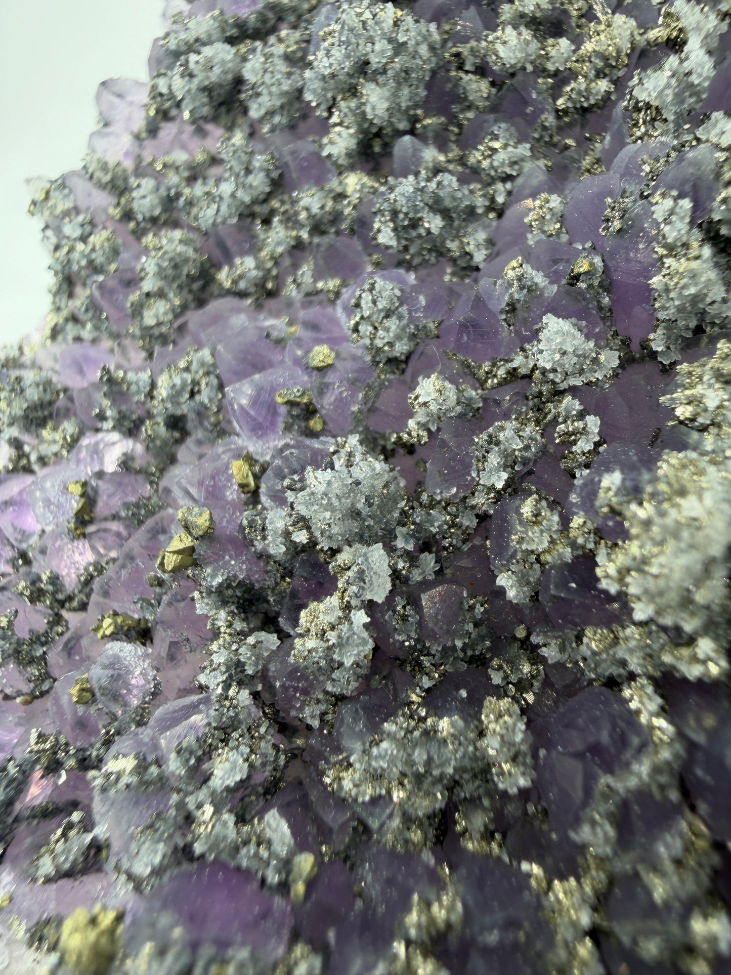 Amethyst mit Pyrit, tief-violette Kristallspitzen mit metallisch schimmerndem Pyrit und Quarz, aus der Davidkovo Mine in Bulgarien.
