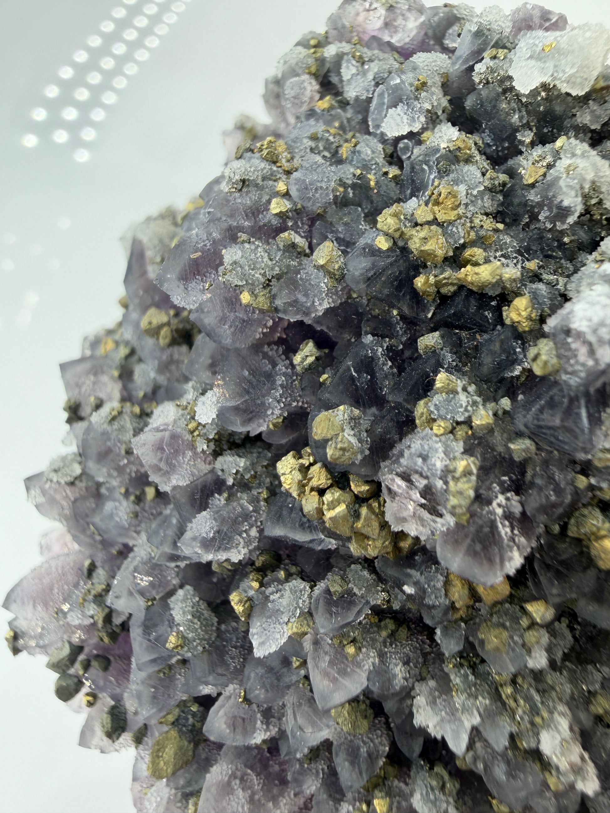 Amethyst-Druse mit aufgewachsenem Pyrit und Quarz, trimineralische Paragenese aus der Davidkovo Mine in Bulgarien.