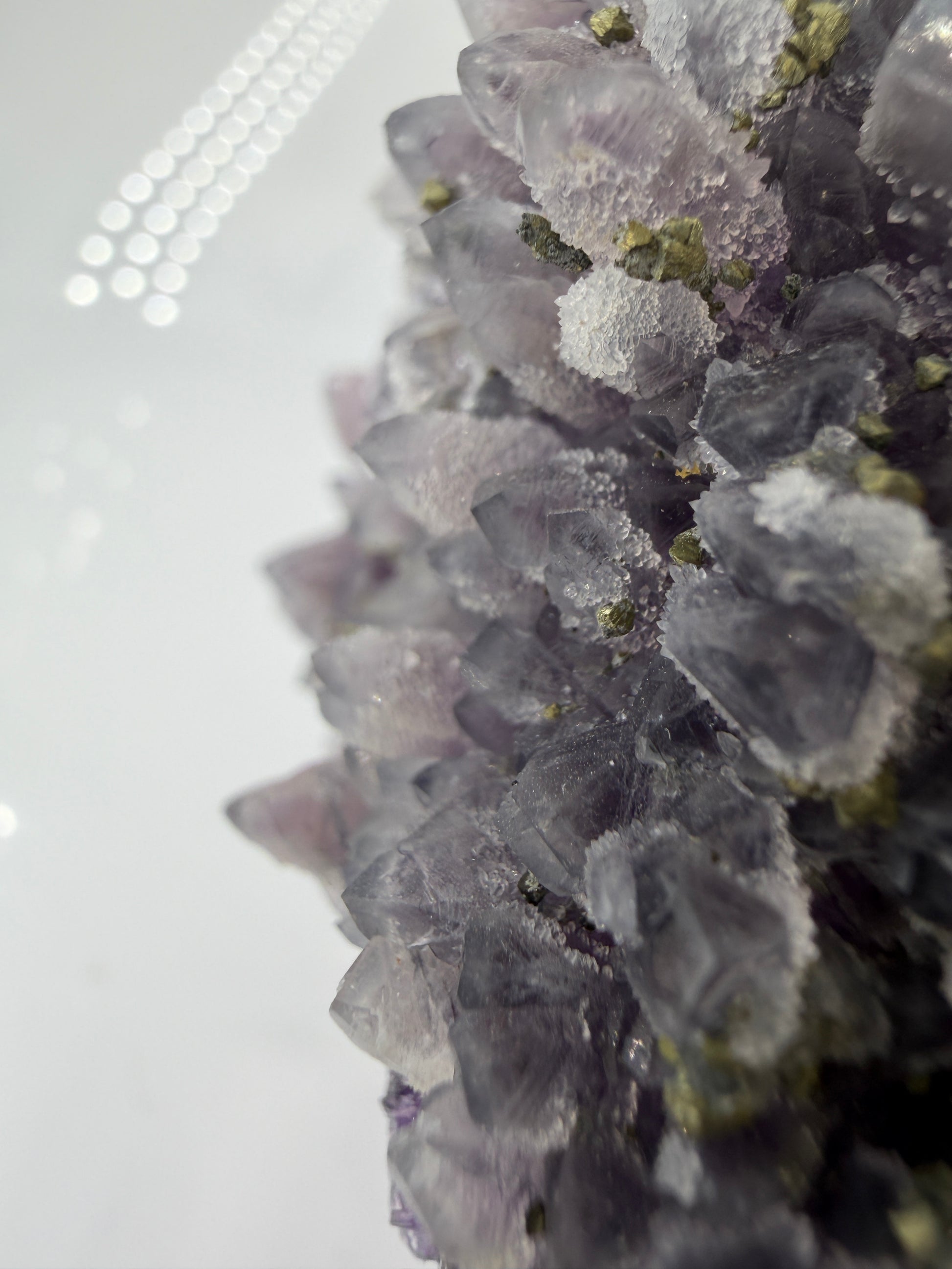 Amethyst-Druse mit aufgewachsenem Pyrit und Quarz, trimineralische Paragenese aus der Davidkovo Mine in Bulgarien.