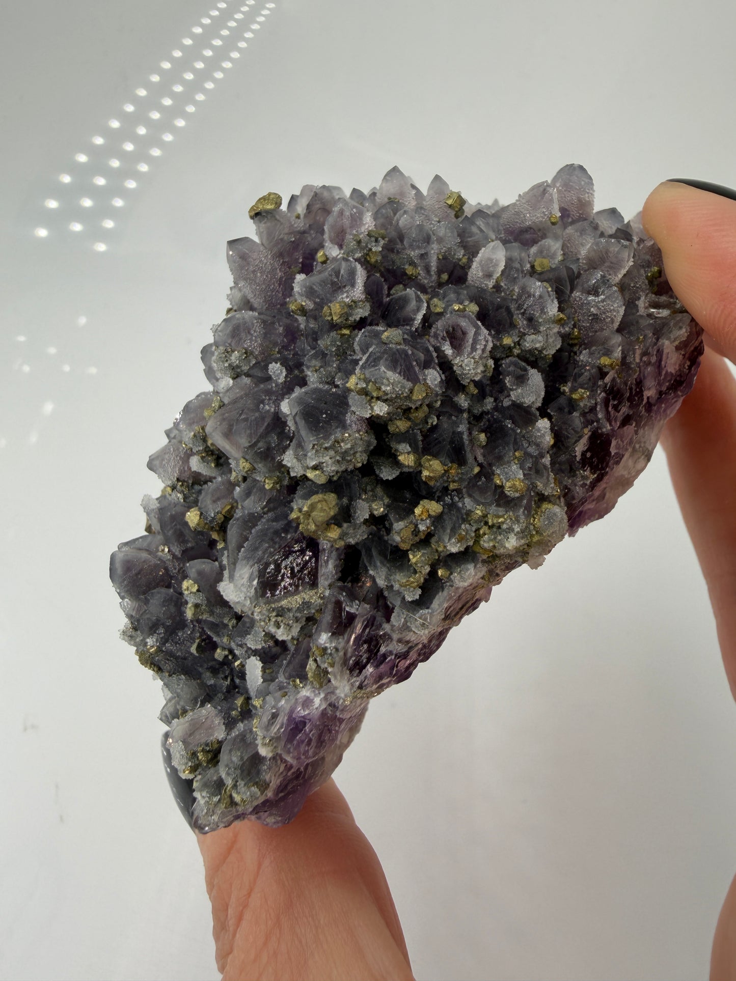Amethyst-Druse mit aufgewachsenem Pyrit und Quarz, trimineralische Paragenese aus der Davidkovo Mine in Bulgarien.