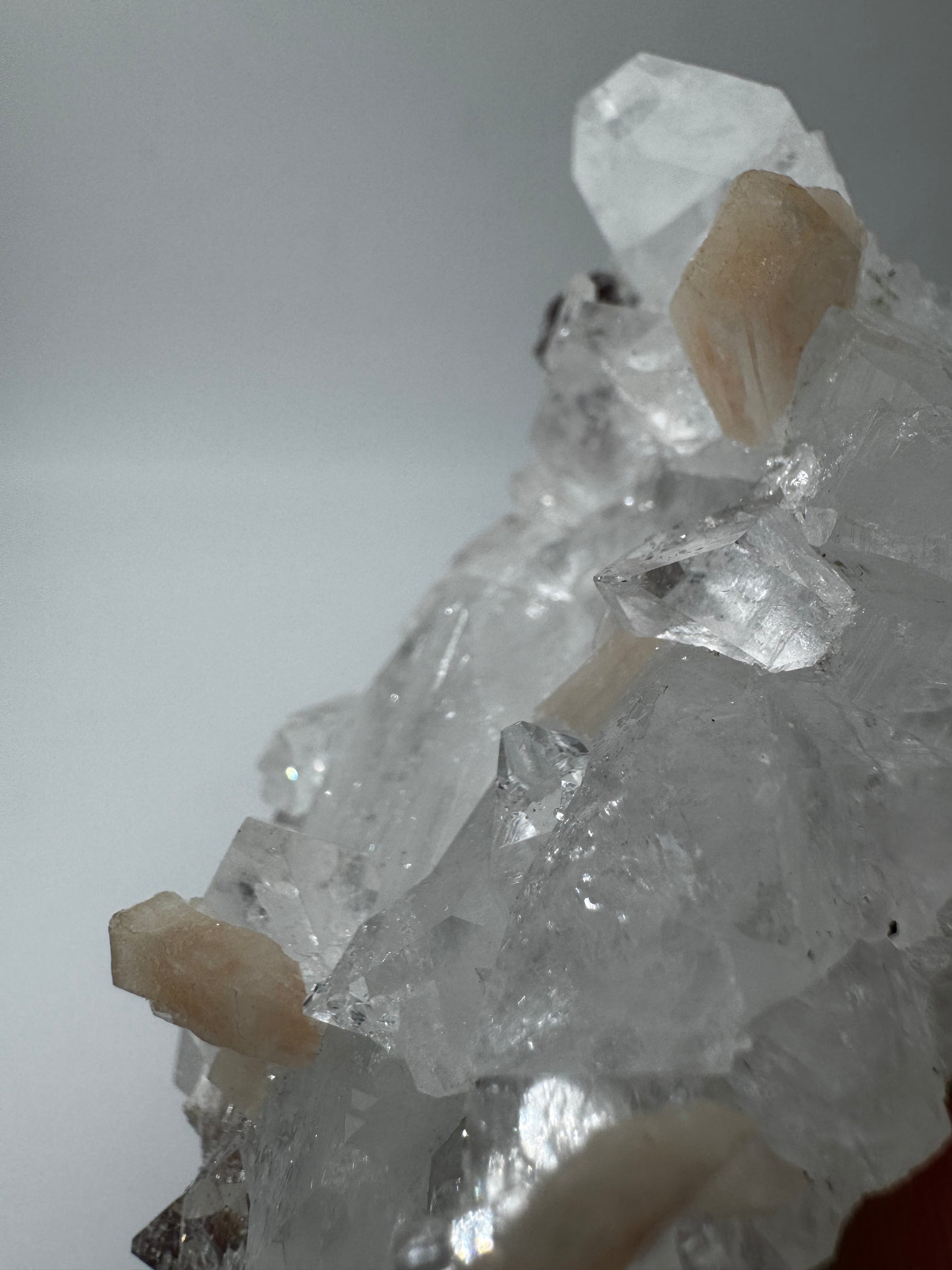 Apophyllit AR51 aus Indien mit glasklaren tetragonalen Prismen und Stilbit-Aufwuchs.