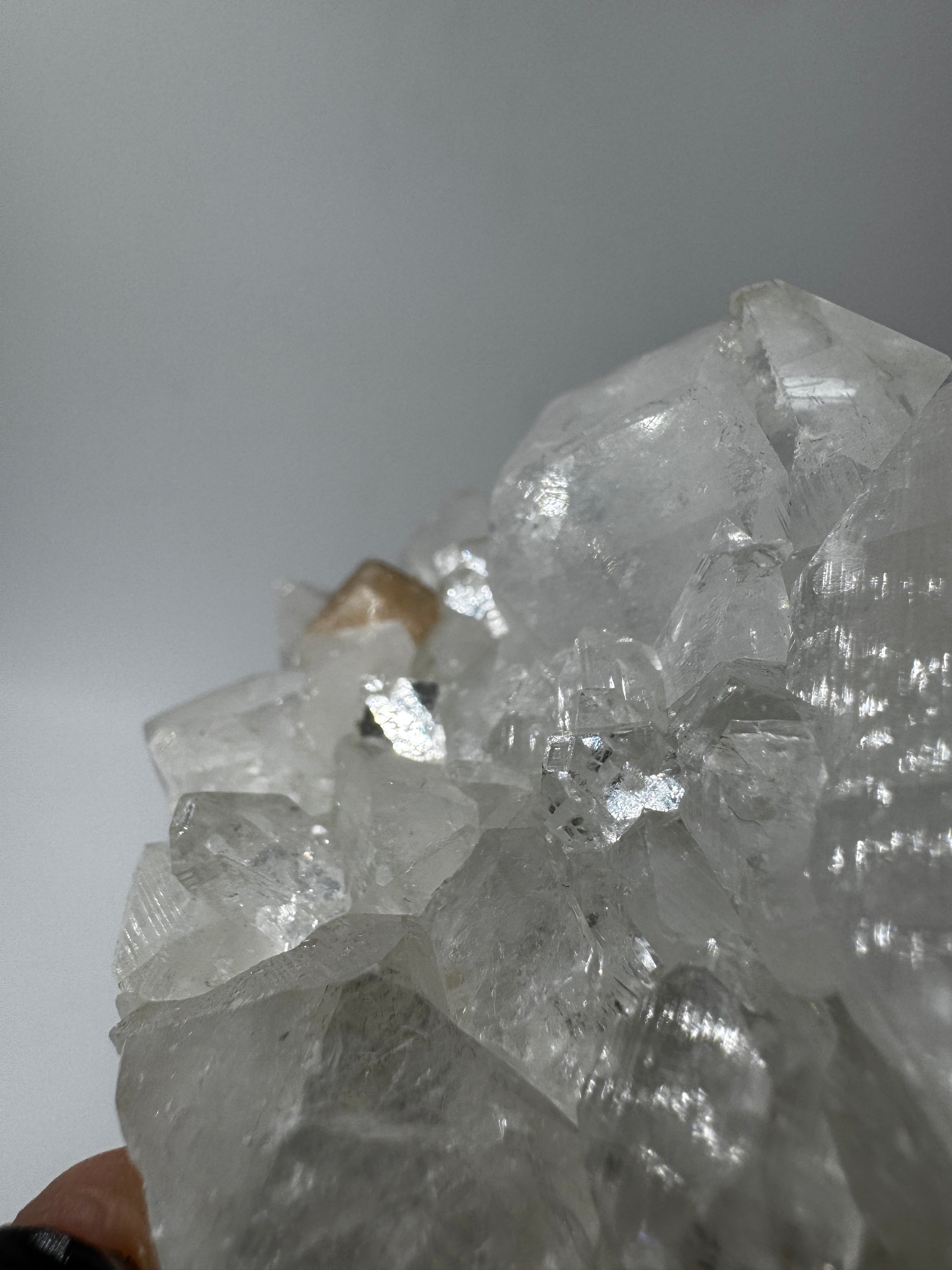 Apophyllit AR66 aus Indien mit glasklaren tetragonalen Prismen und Perlmuttglanz.