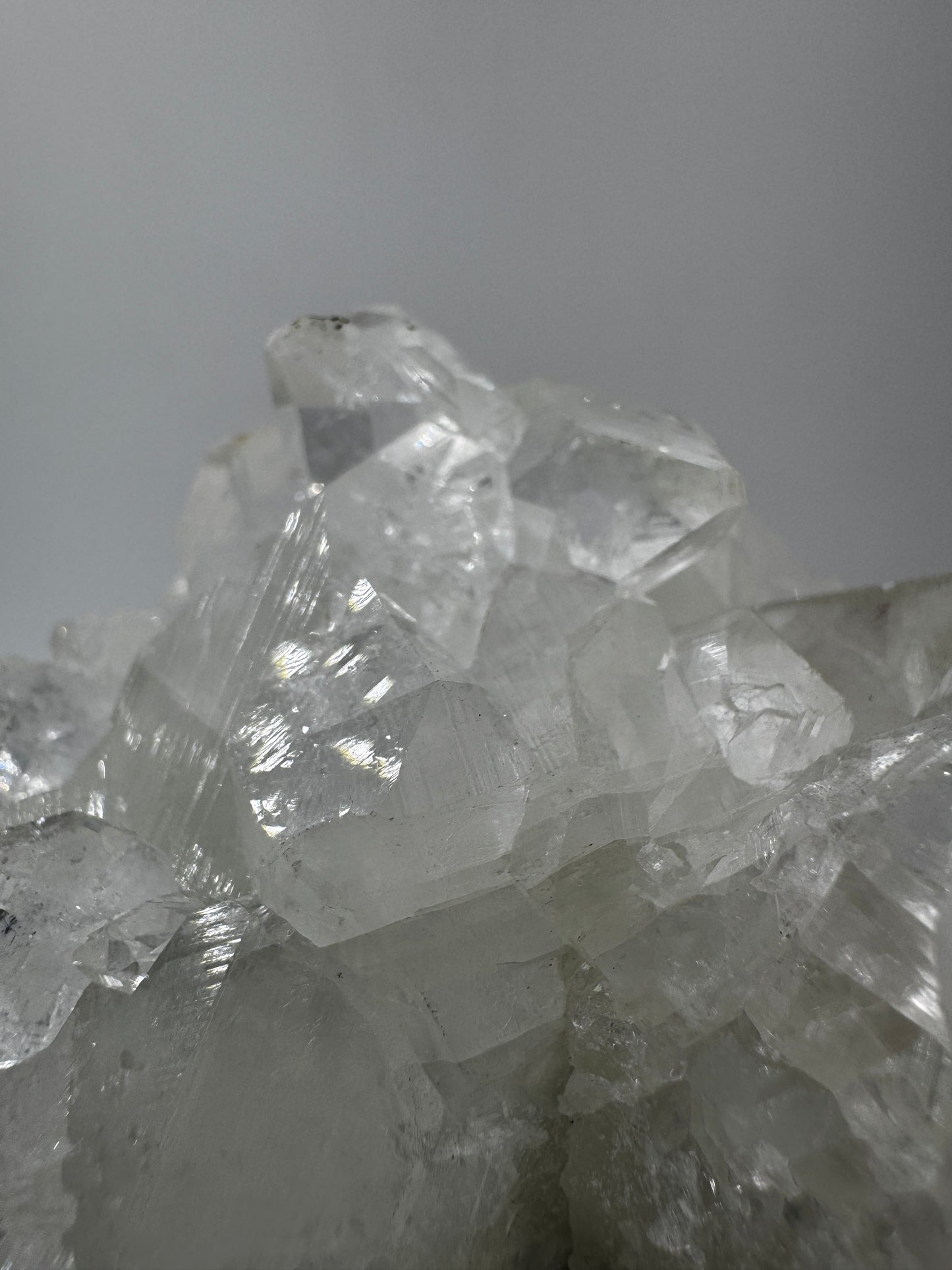 Apophyllit AR66 aus Indien mit glasklaren tetragonalen Prismen und Perlmuttglanz.