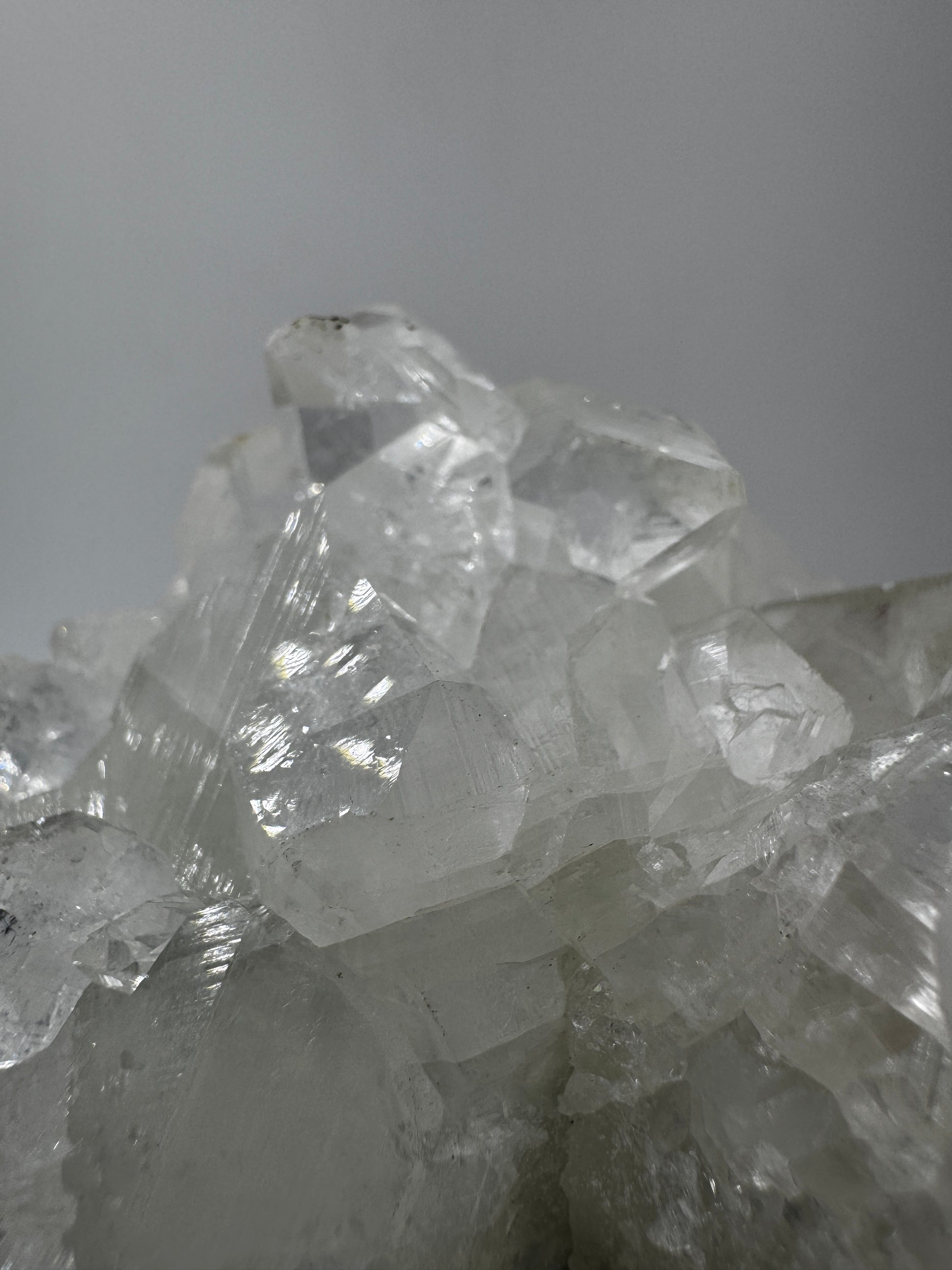 Apophyllit AR66 aus Indien mit glasklaren tetragonalen Prismen und Perlmuttglanz.
